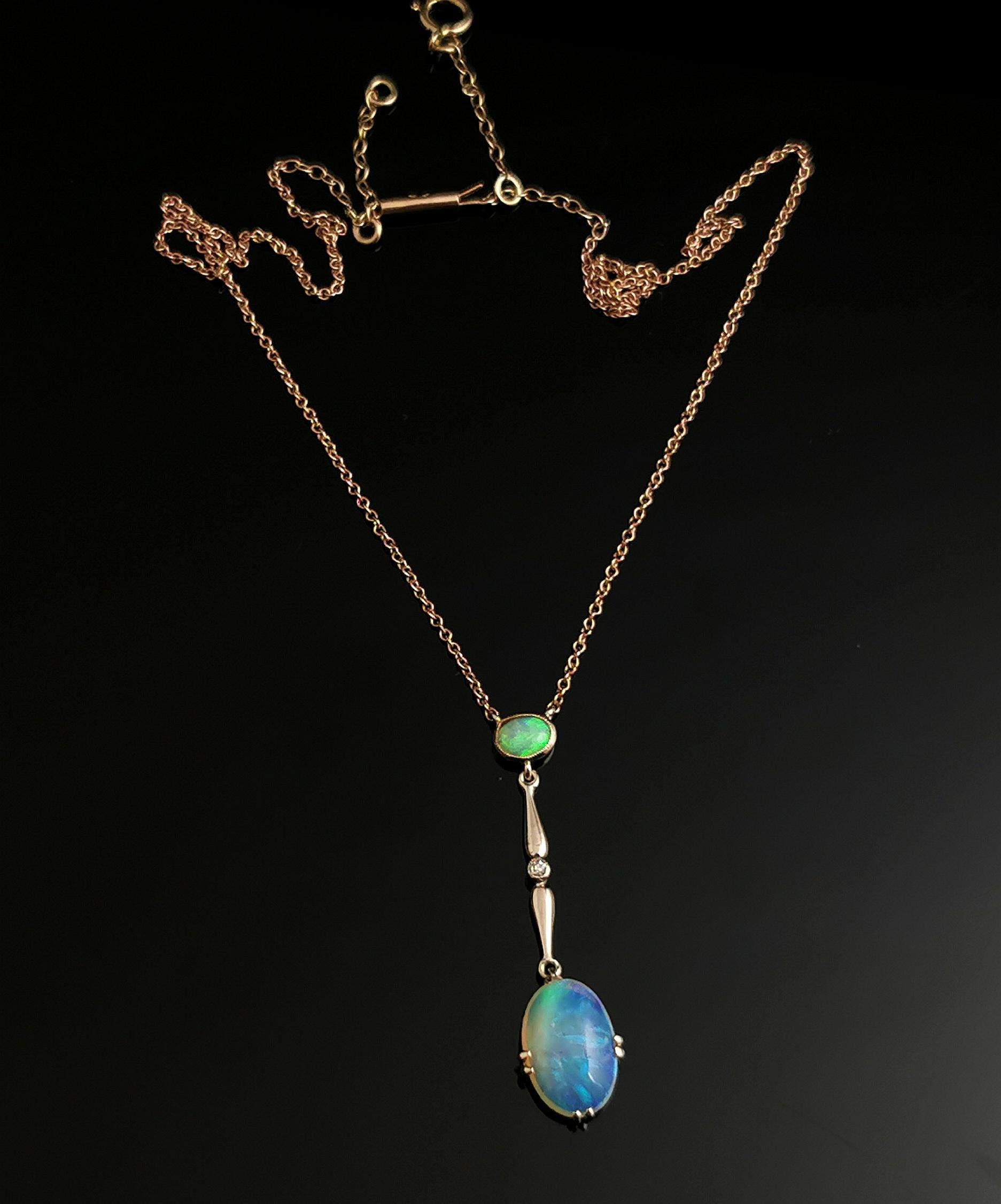 Art Deco Antique Opal and Diamond drop pendant necklace, 9k yellow gold