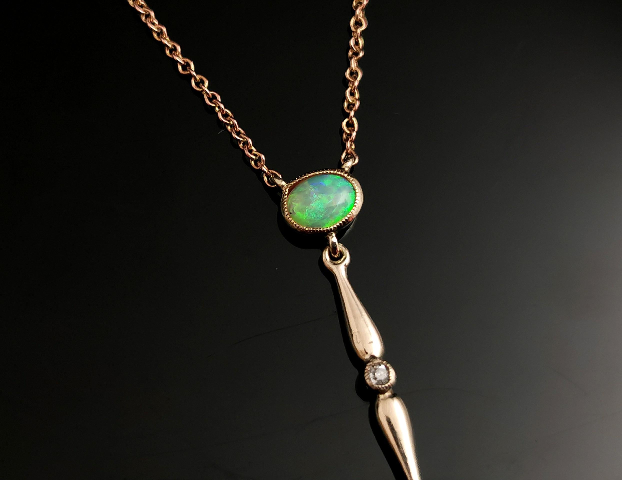 Cabochon Antique Opal and Diamond drop pendant necklace, 9k yellow gold