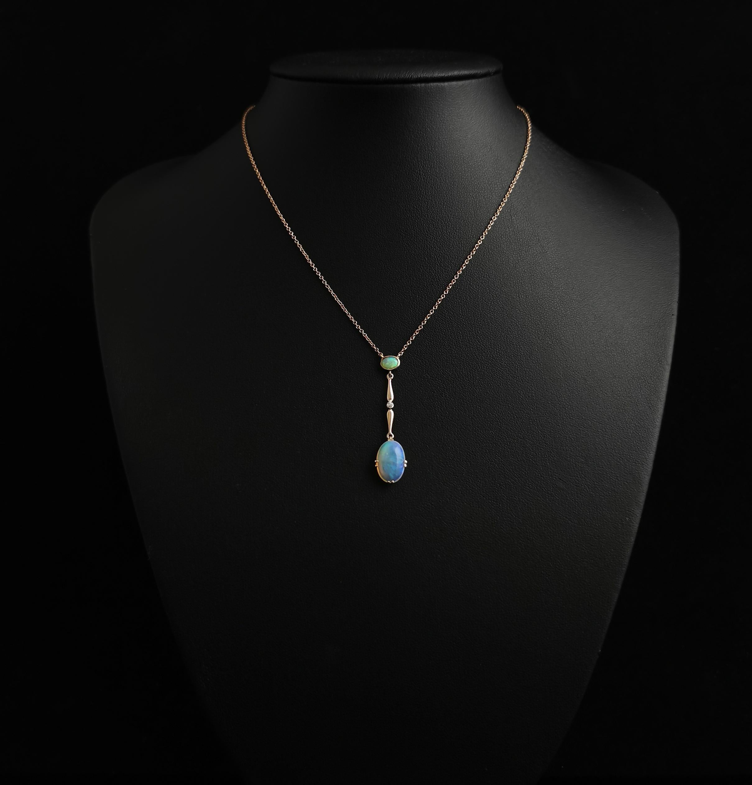 Women's Antique Opal and Diamond drop pendant necklace, 9k yellow gold