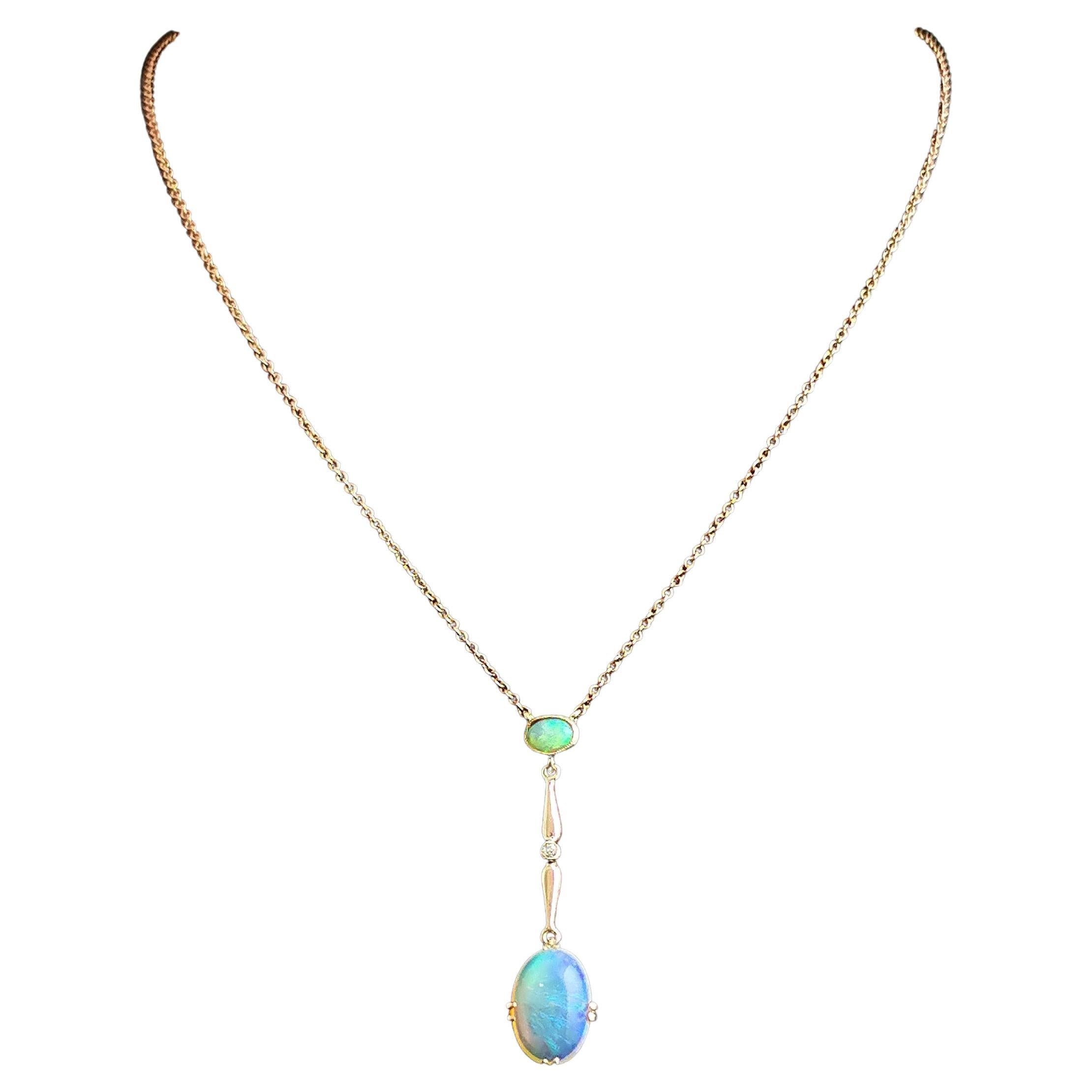 Antique Opal and Diamond drop pendant necklace, 9k yellow gold
