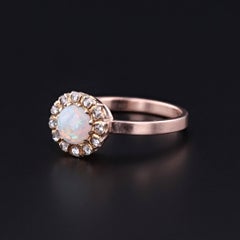 Antique Opal and Diamond Halo Ring of 14k Gold, Size 7