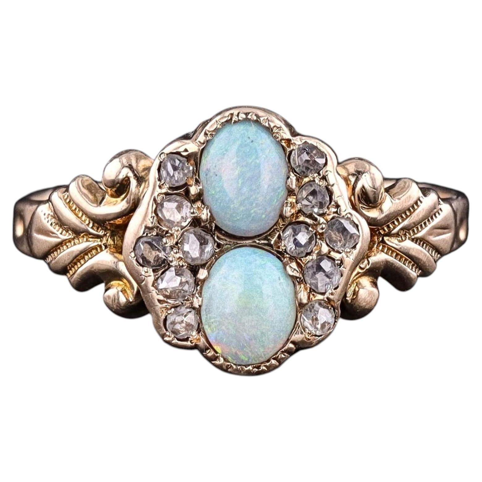 Antique Opal and Diamond Ring of 10k Gold, Circa 1890