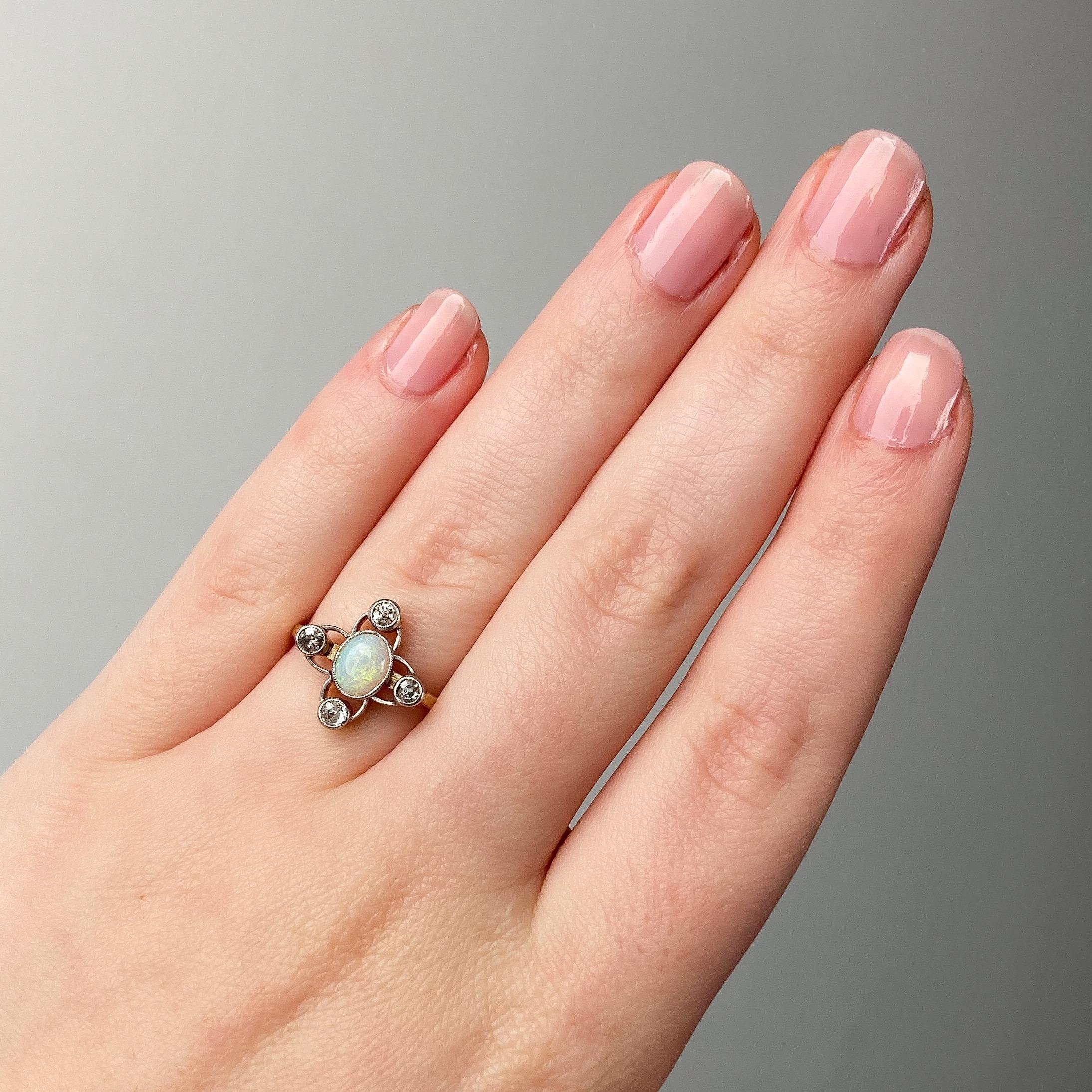 Cabochon Antique Opal and Diamond Ring of 14k Gold For Sale