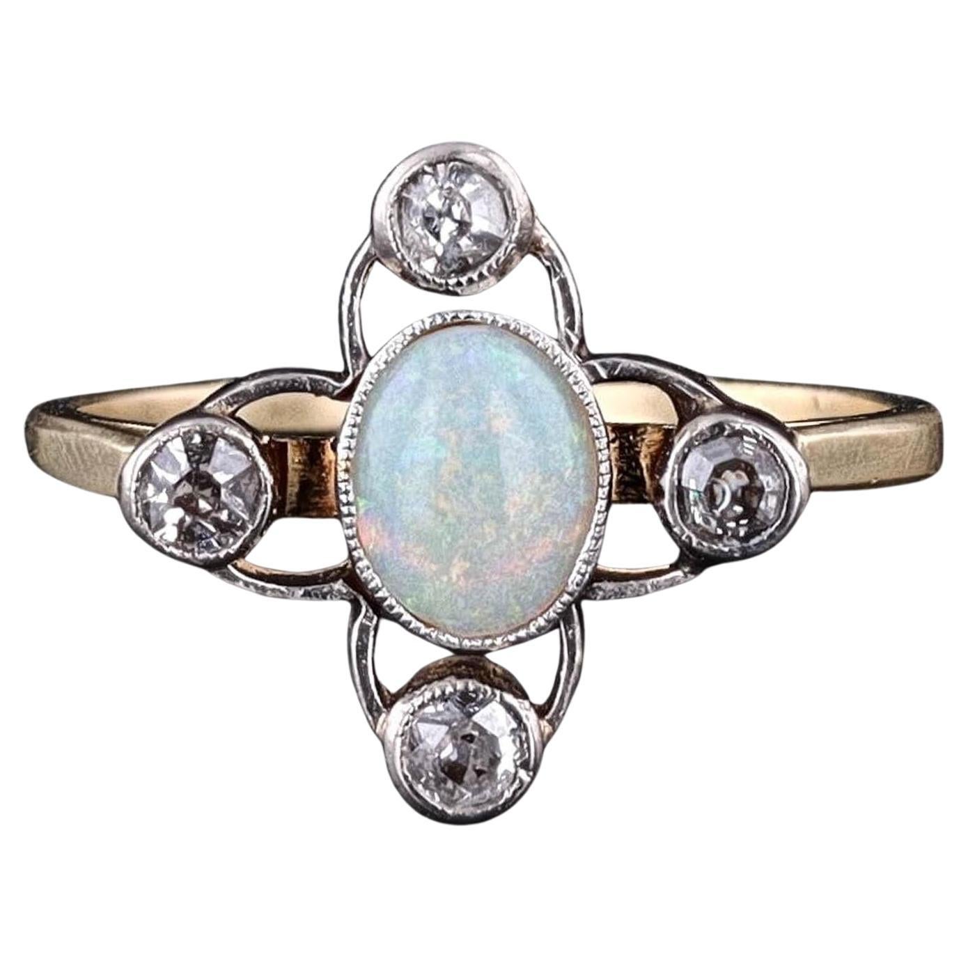Antique Opal and Diamond Ring of 14k Gold For Sale