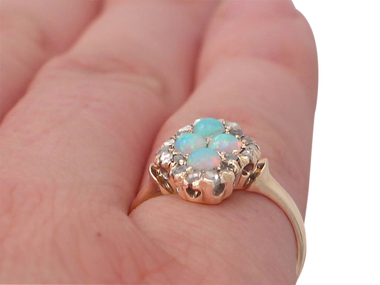 Edwardian Quatrefoil White Opal and Diamond Yellow Gold Cocktail Ring For Sale 1