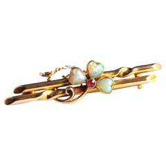 Antique Opal and Ruby Shamrock Brooch, 15k Yellow Gold, Boxed