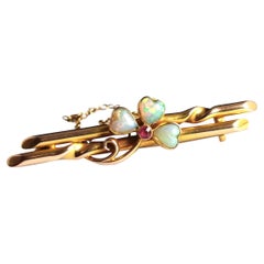 Antique Opal and Ruby Shamrock Brooch, 15k Yellow Gold, Boxed