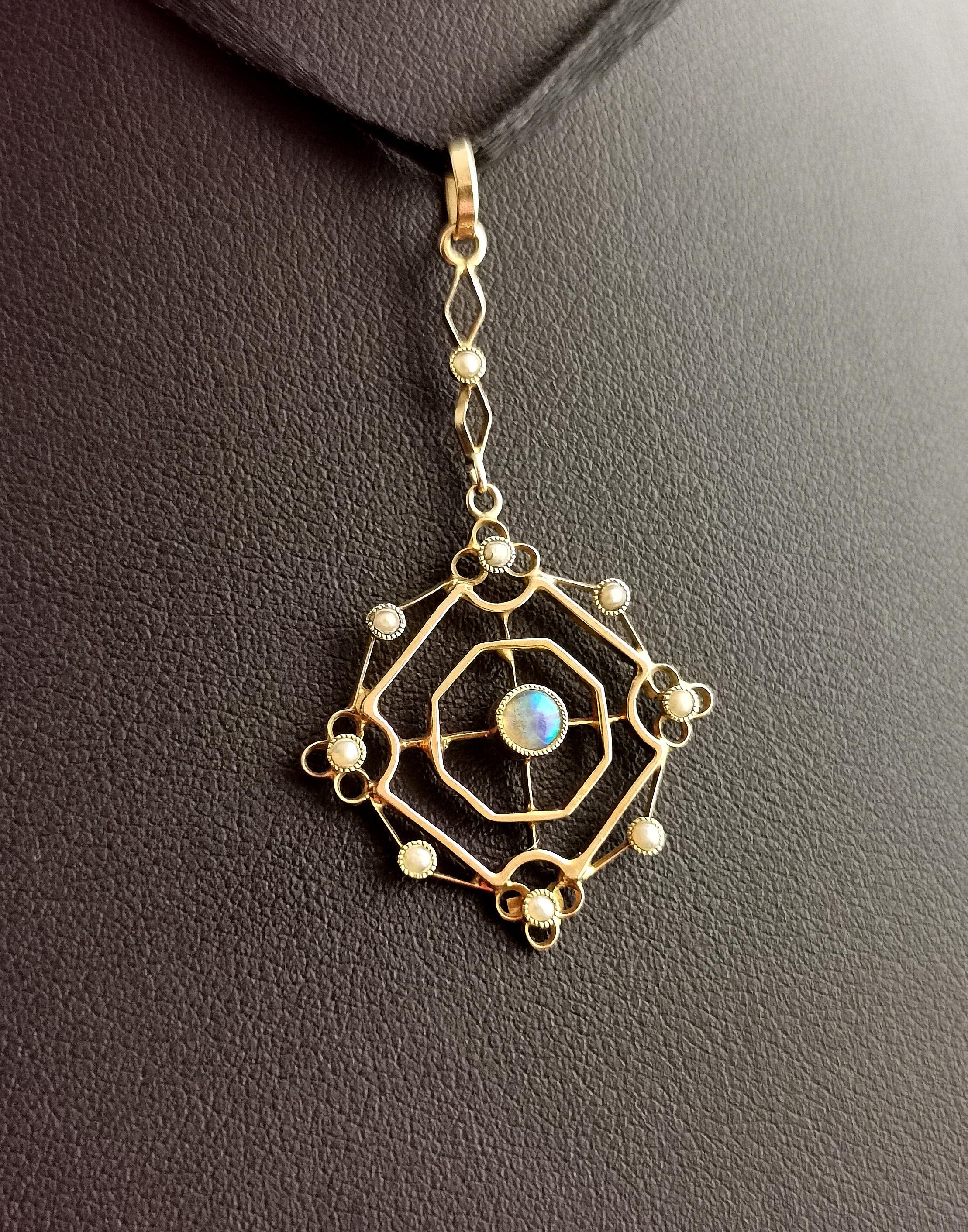 Antique Opal and Seed Pearl Pendant, 15k Gold, Art Nouveau 5