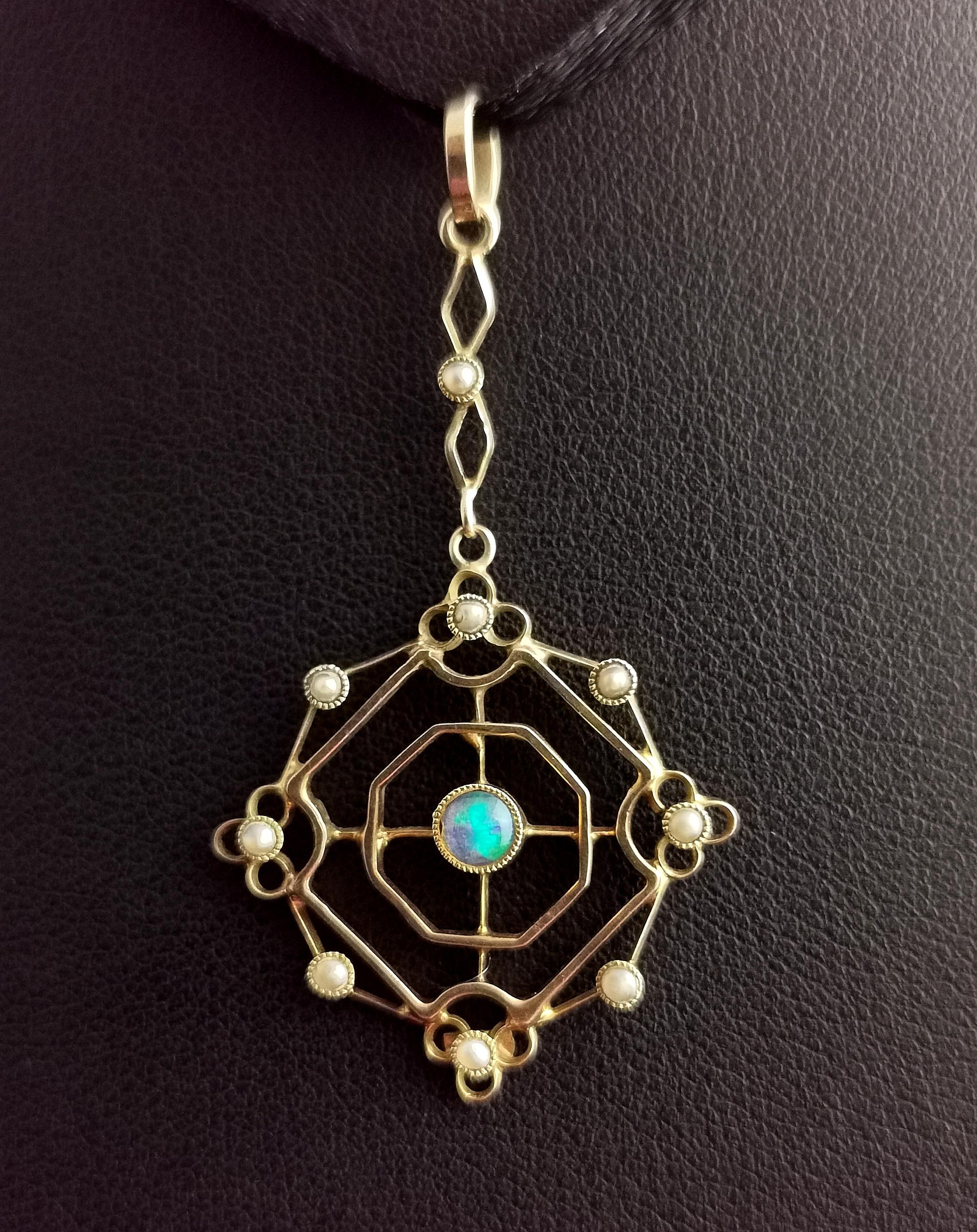 Antique Opal and Seed Pearl Pendant, 15k Gold, Art Nouveau 6