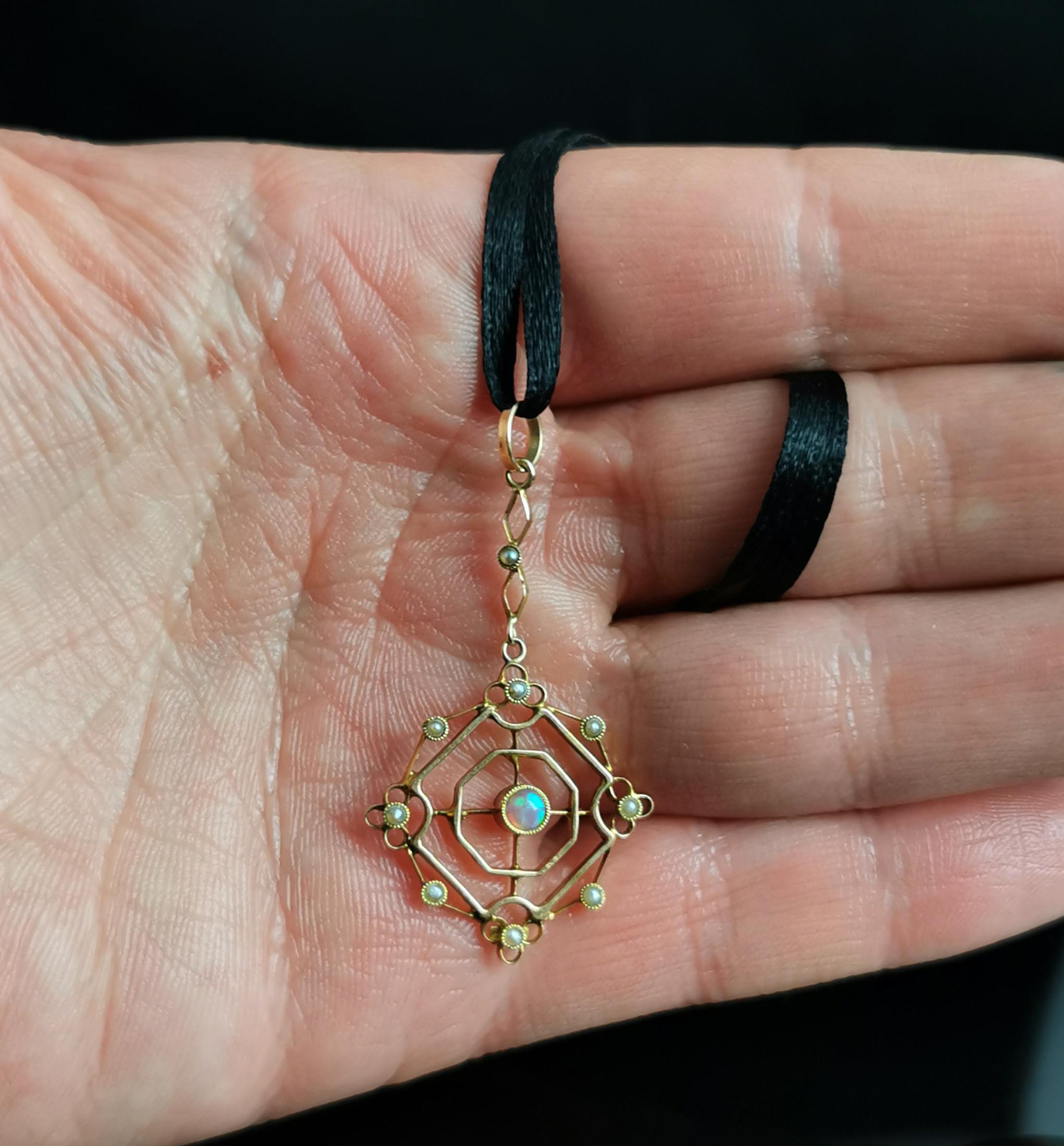 Antique Opal and Seed Pearl Pendant, 15k Gold, Art Nouveau 7