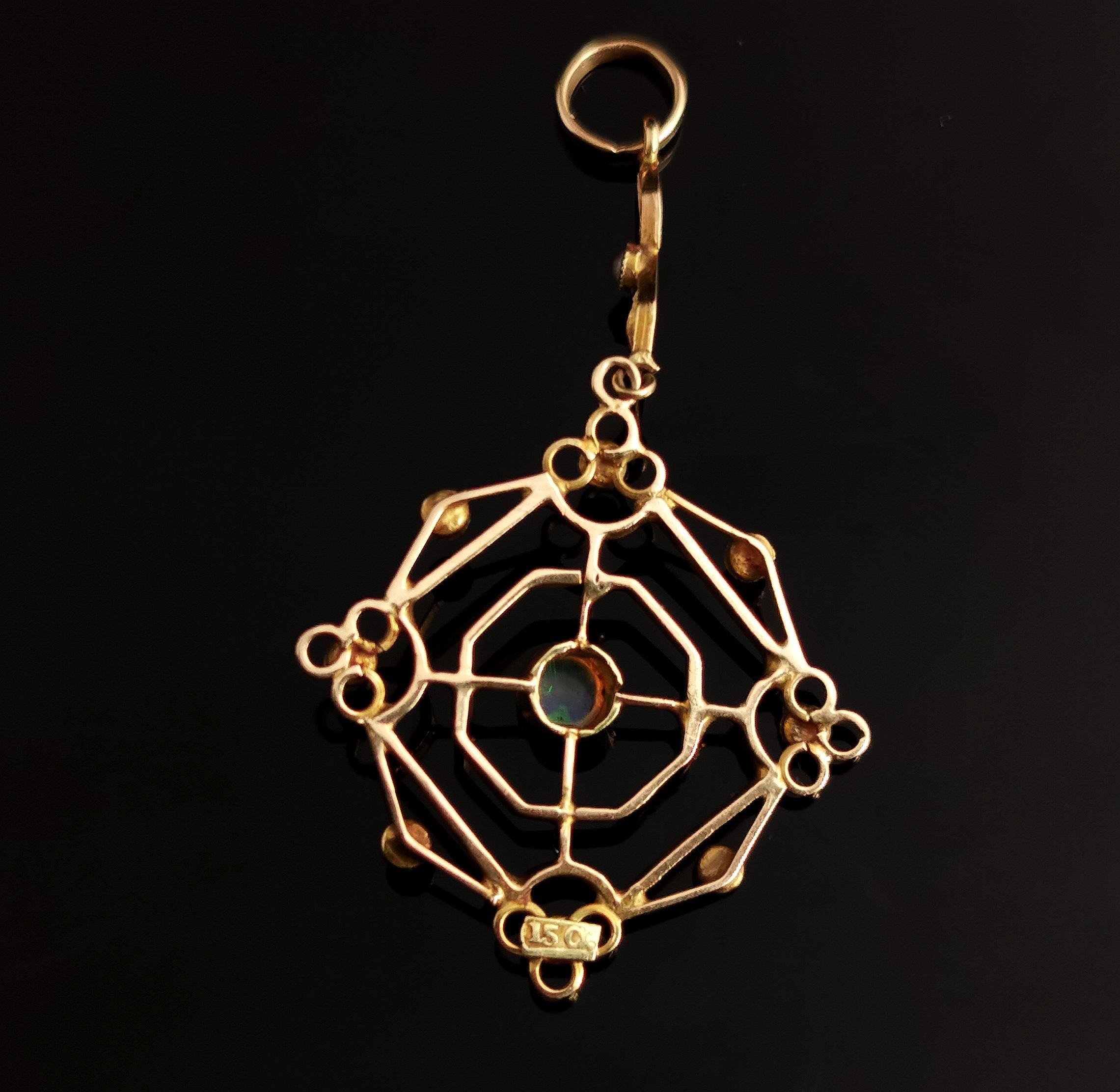 Antique Opal and Seed Pearl Pendant, 15k Gold, Art Nouveau 8