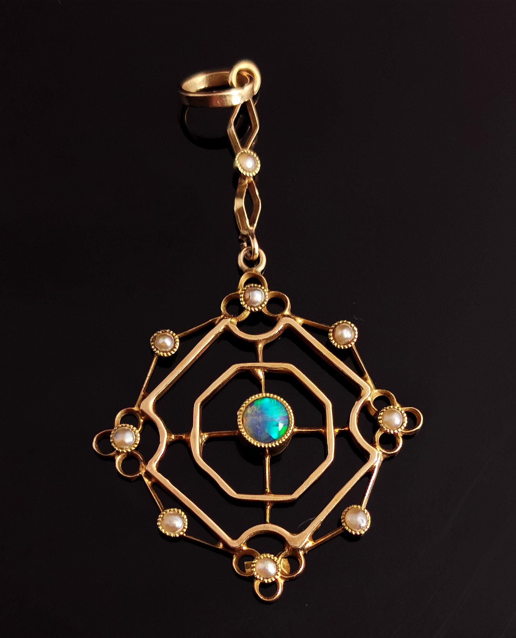 Antique Opal and Seed Pearl Pendant, 15k Gold, Art Nouveau 9