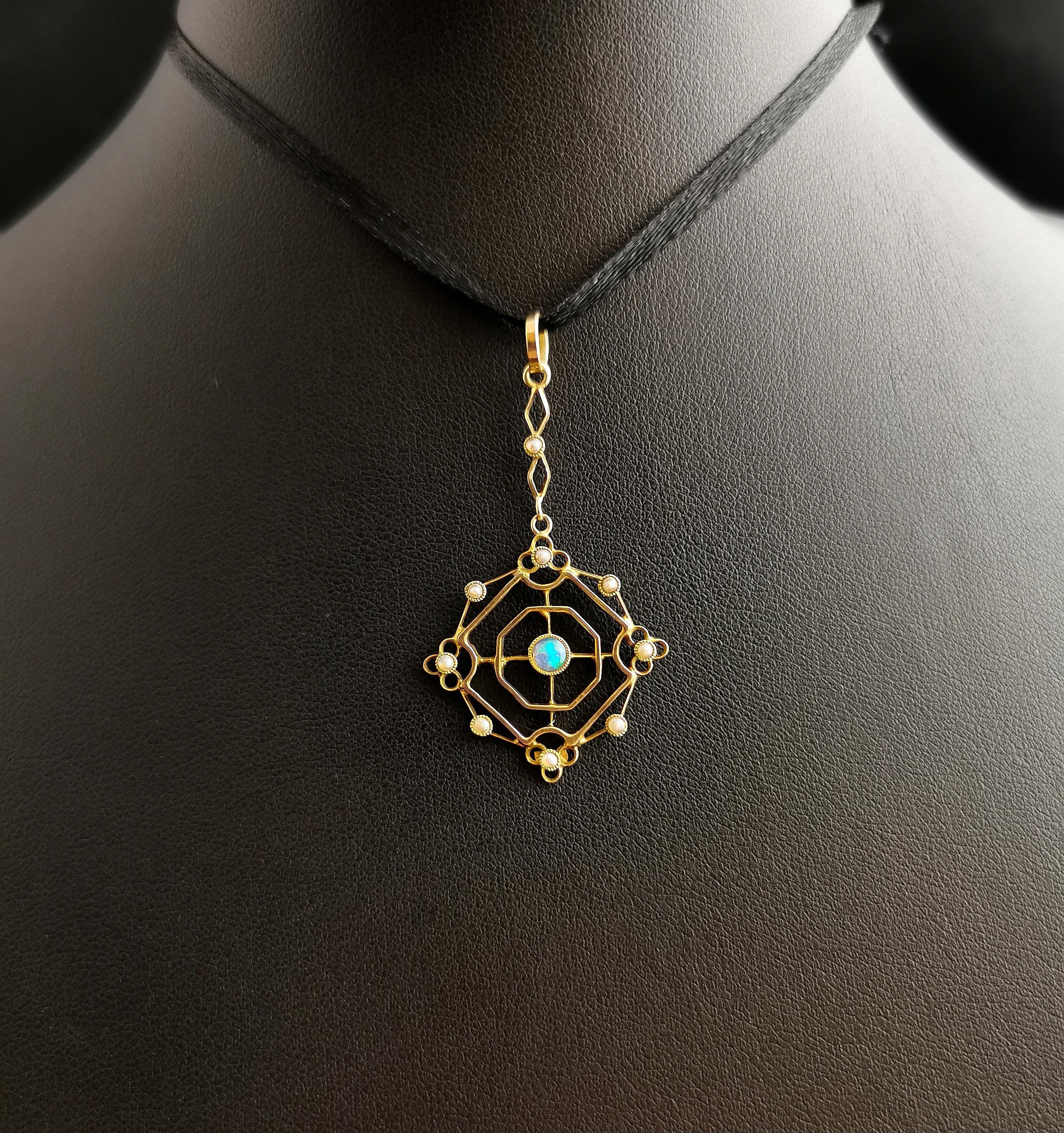 Antique Opal and Seed Pearl Pendant, 15k Gold, Art Nouveau 1