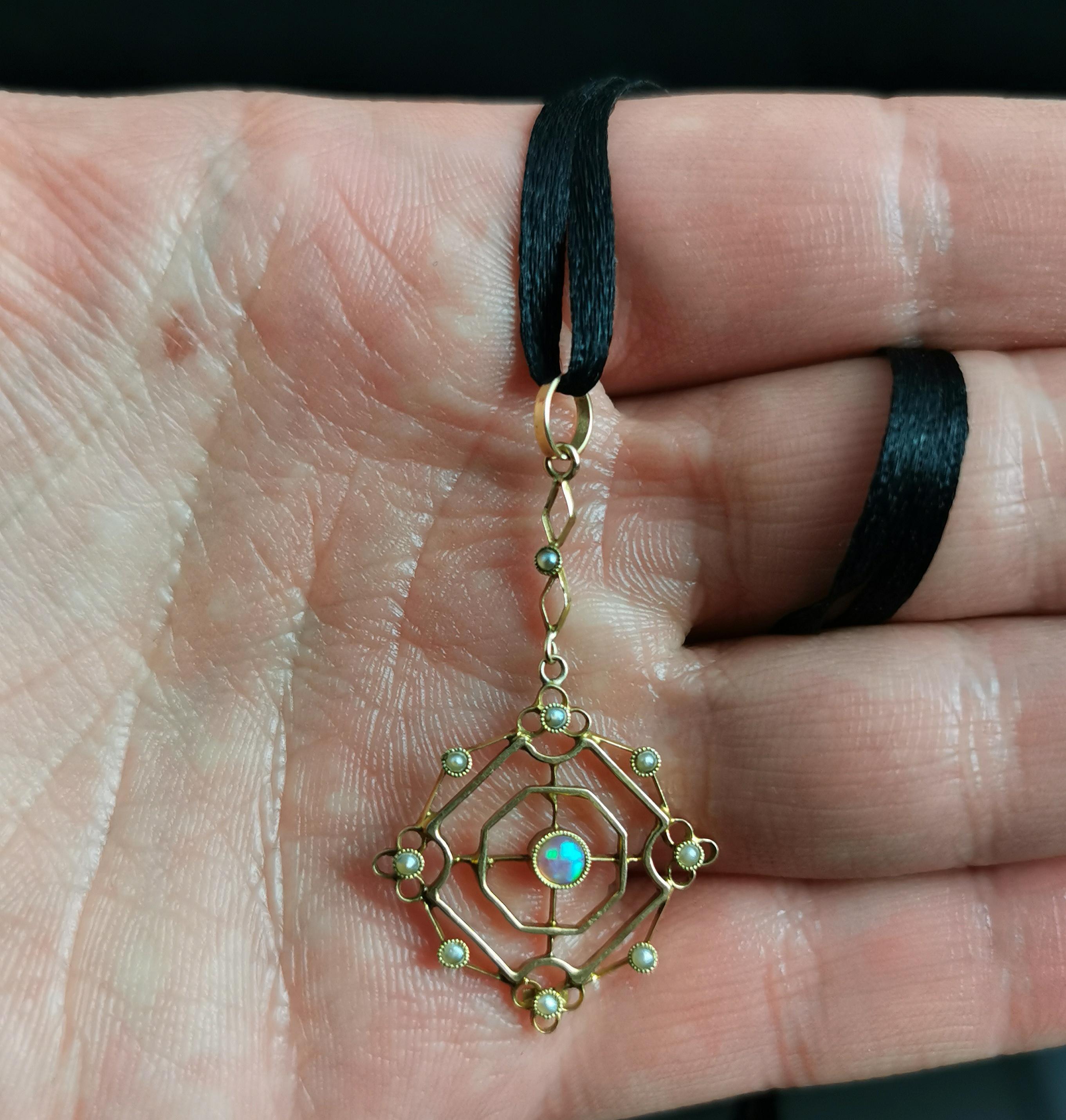 Antique Opal and Seed Pearl Pendant, 15k Gold, Art Nouveau 2