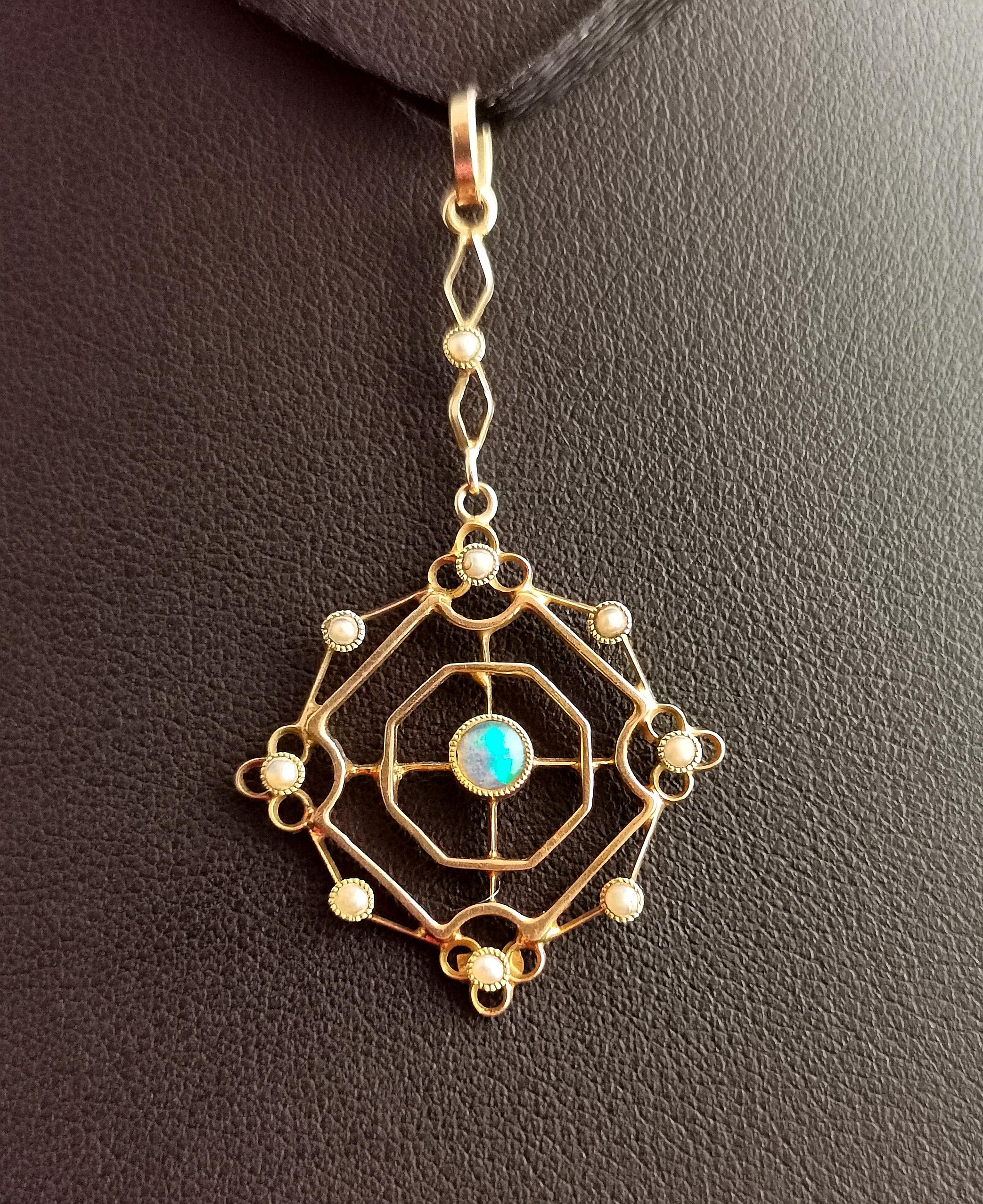 Antique Opal and Seed Pearl Pendant, 15k Gold, Art Nouveau 3
