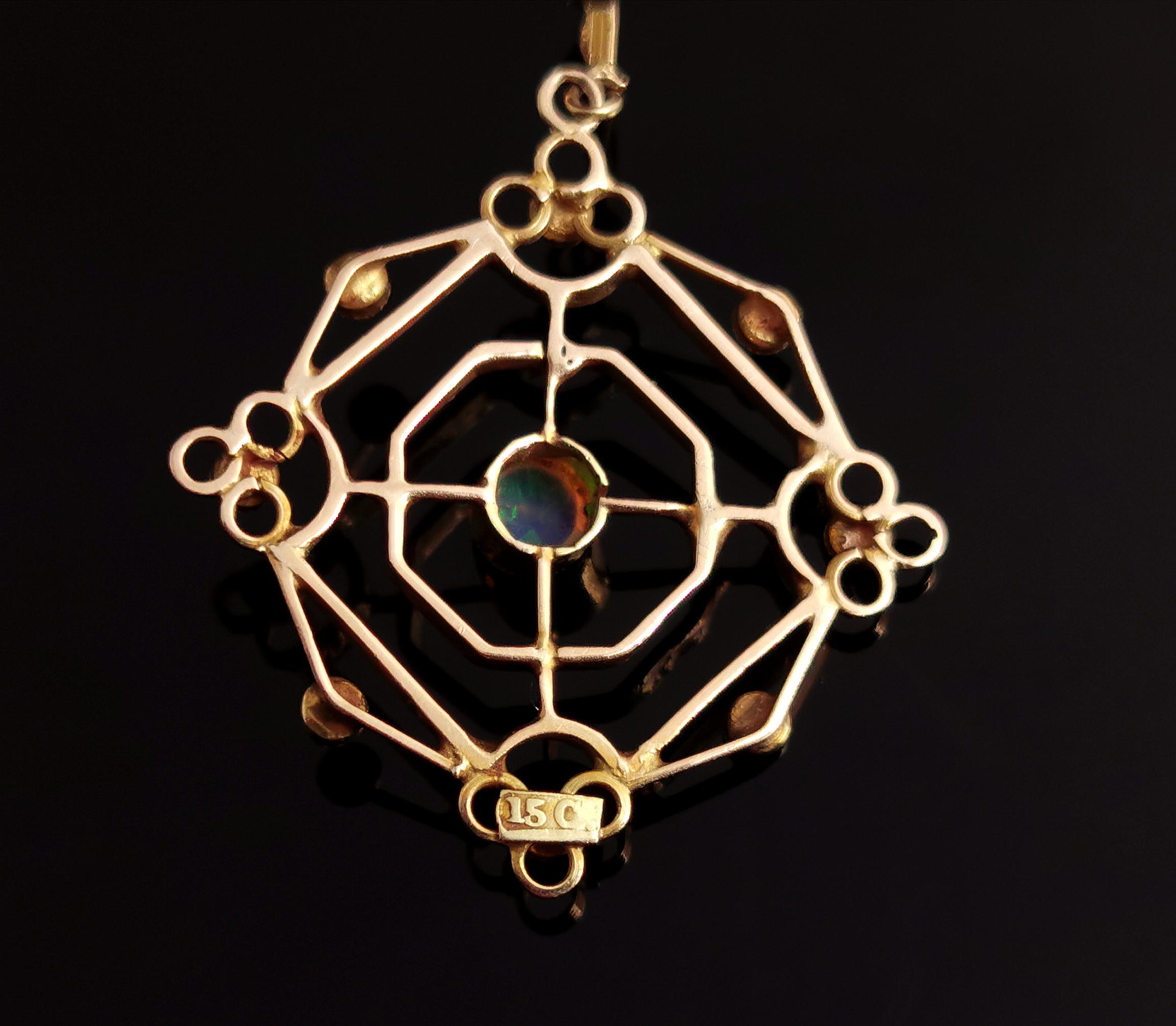 Antique Opal and Seed Pearl Pendant, 15k Gold, Art Nouveau 4