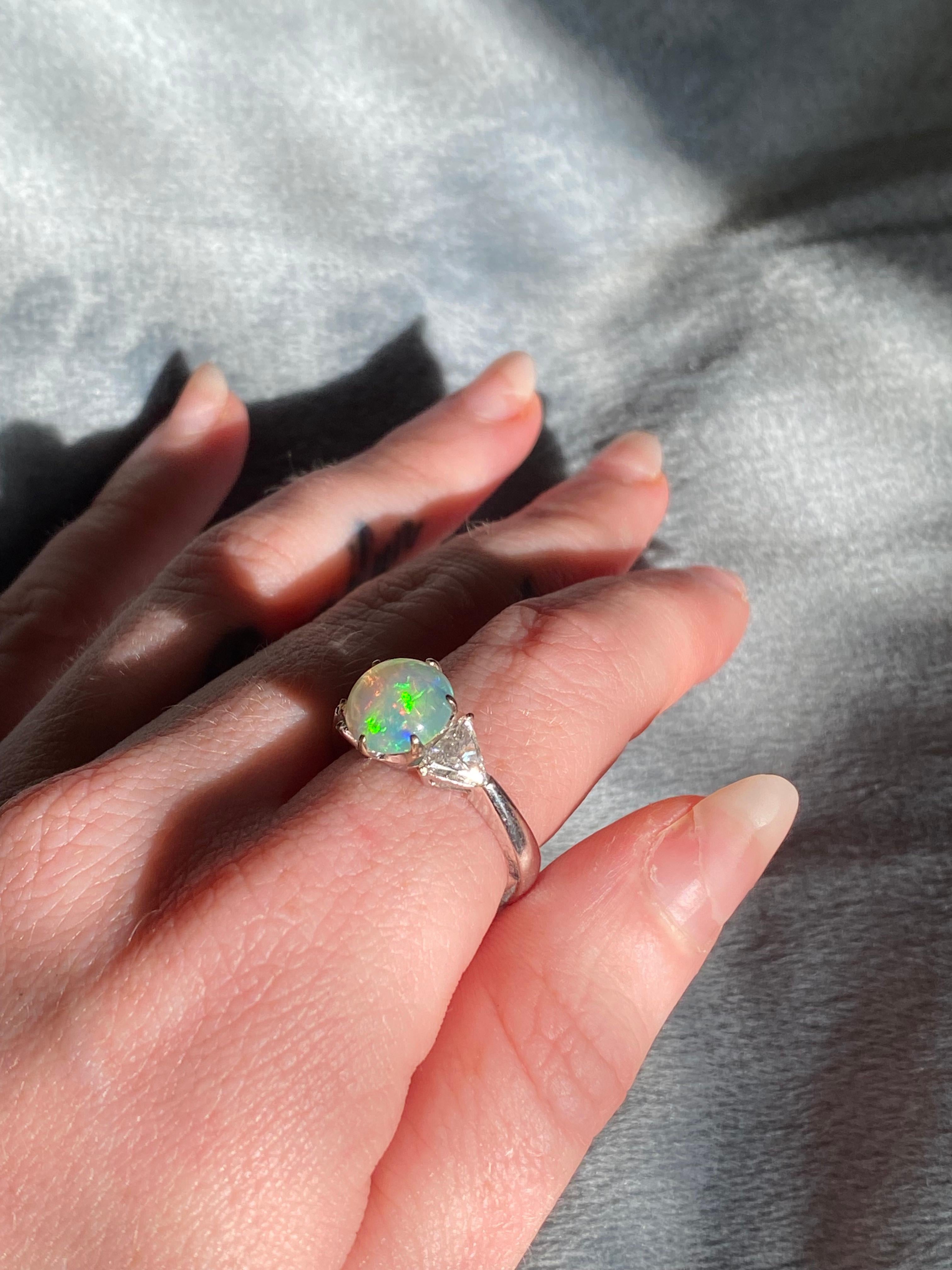 Antique Opal and Trillion Cut Diamond Ring For Sale 2