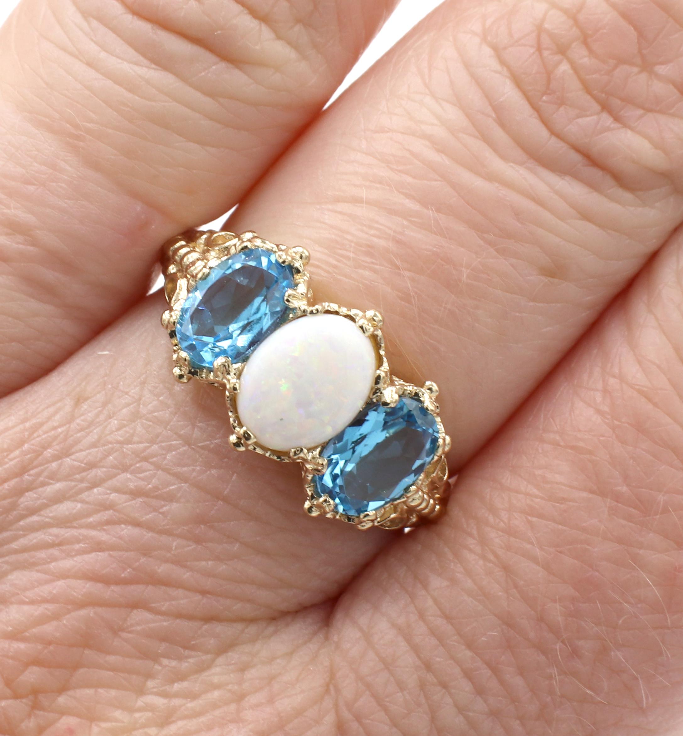 Oval Cut Antique Opal & Blue Topaz 3 Stone Yellow Gold Band Ring