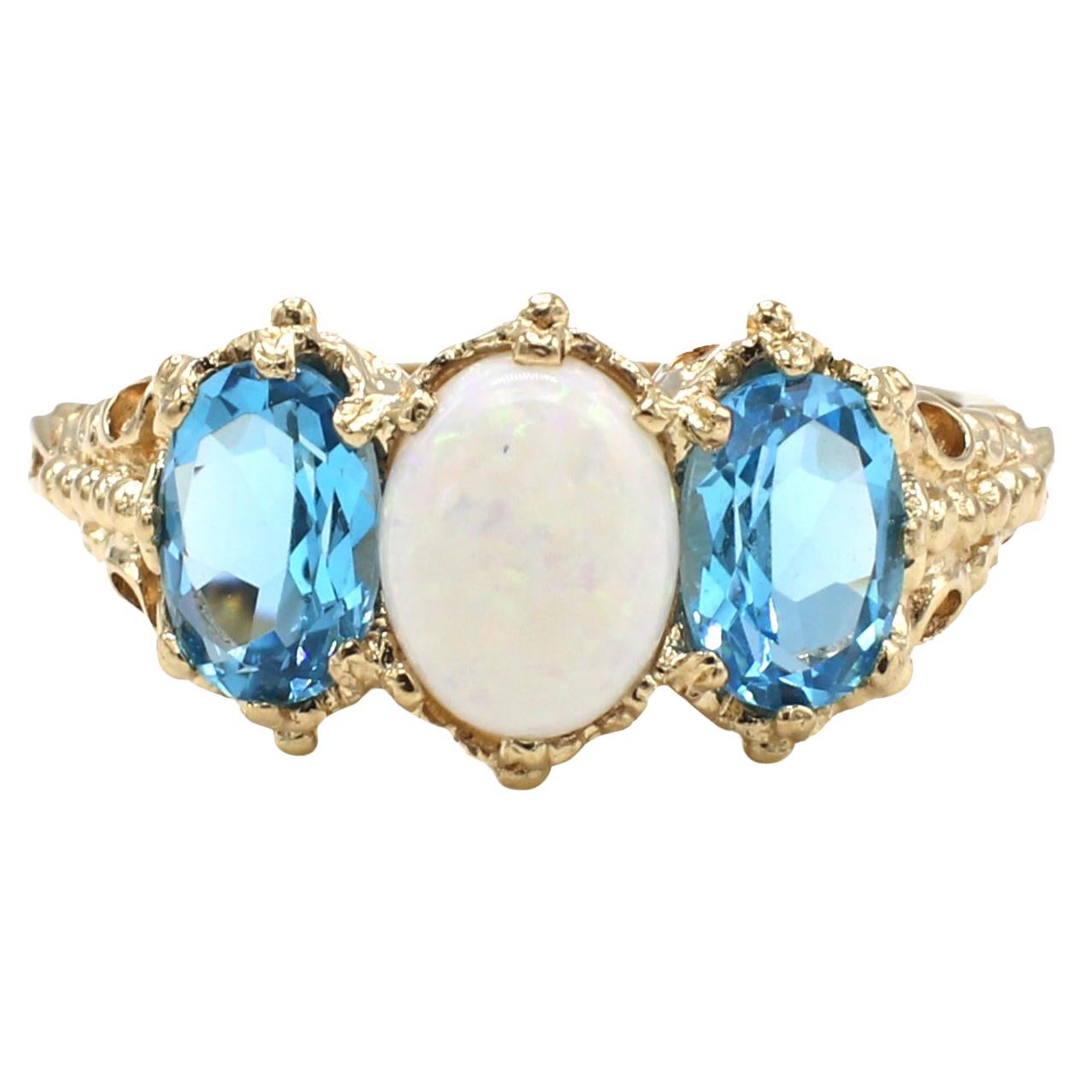 Antique Opal & Blue Topaz 3 Stone Yellow Gold Band Ring