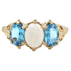 Antique Opal & Blue Topaz 3 Stone Yellow Gold Band Ring