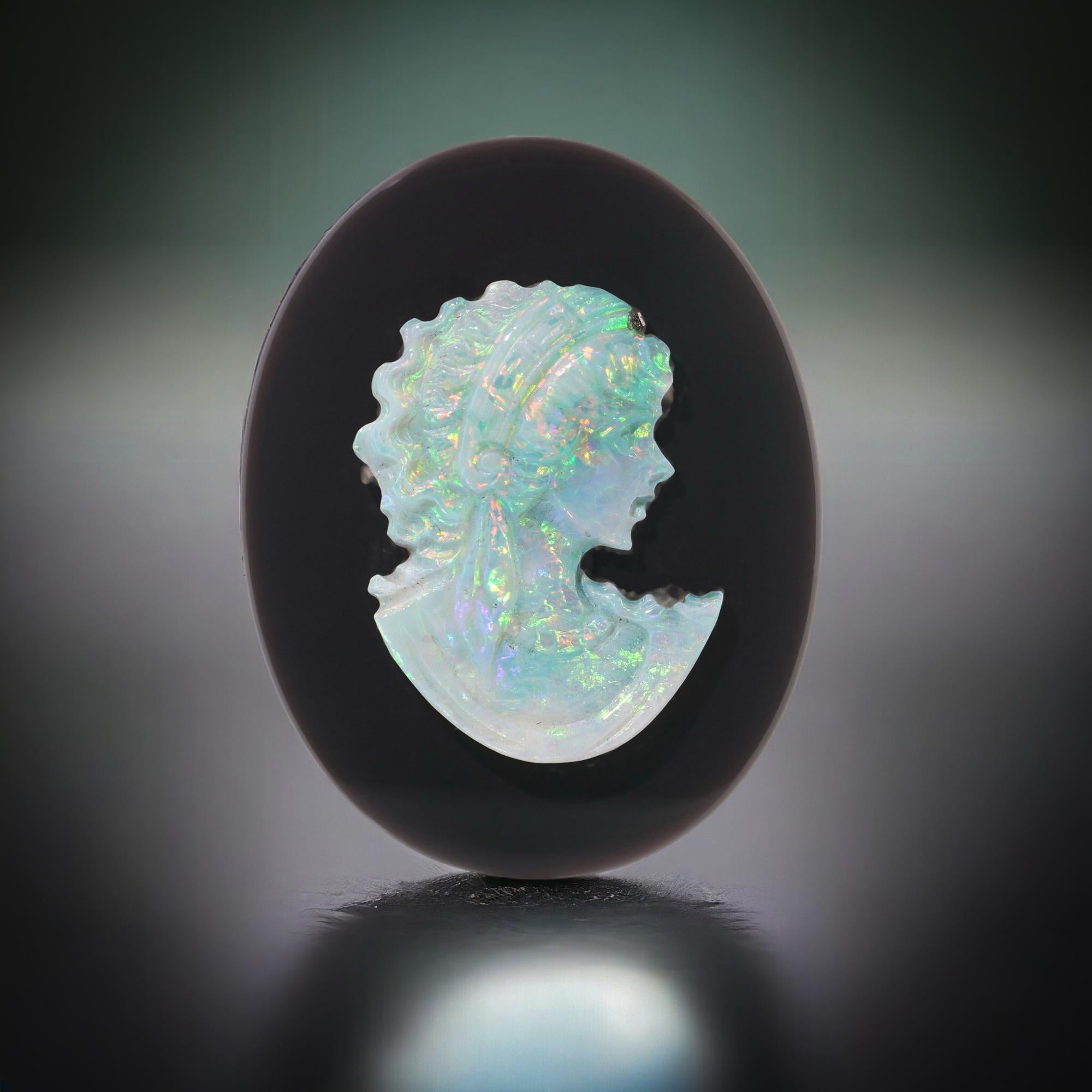 Antique opal carving cameo mounted on the onyx plaque.  In Good Condition For Sale In Braintree, GB