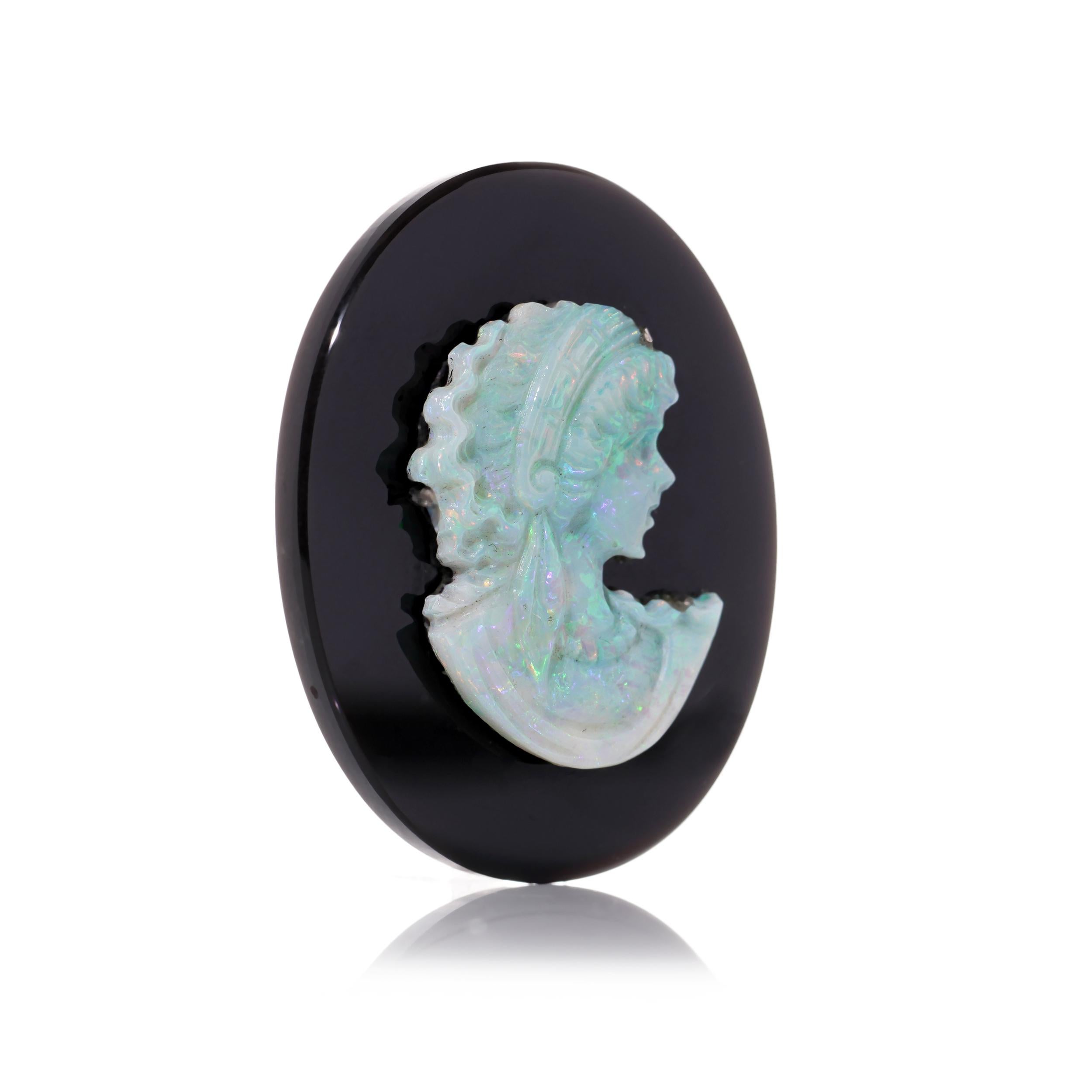 Women's or Men's Antique opal carving cameo mounted on the onyx plaque.  For Sale