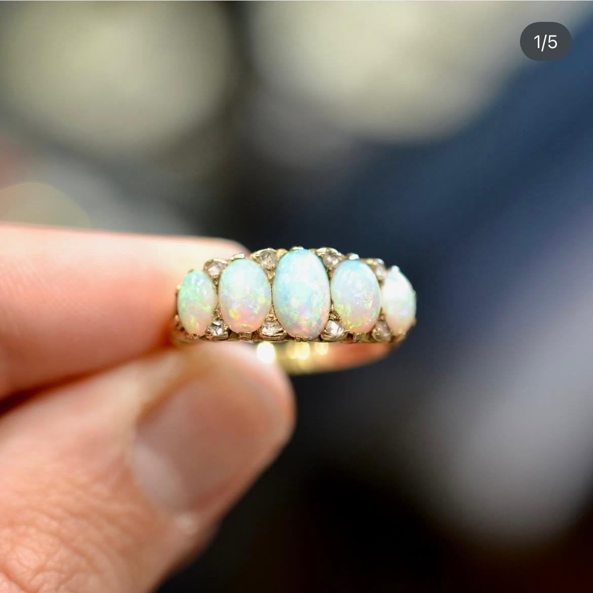 Antique Opal Diamond Five Stone Ring For Sale 1