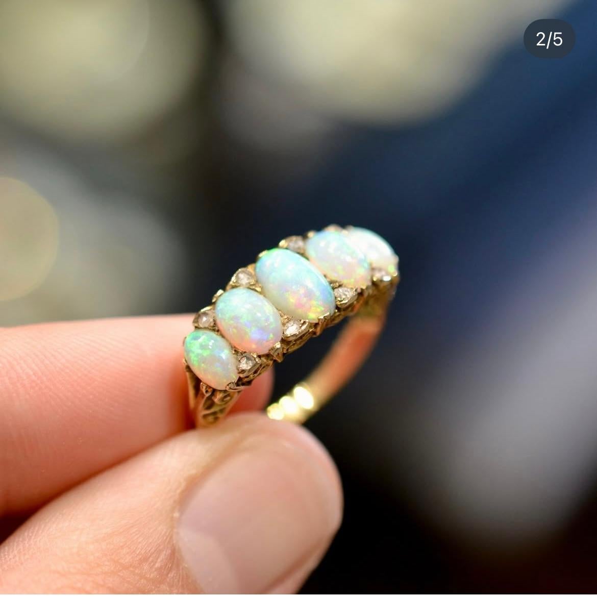 Antique Opal Diamond Five Stone Ring For Sale 2