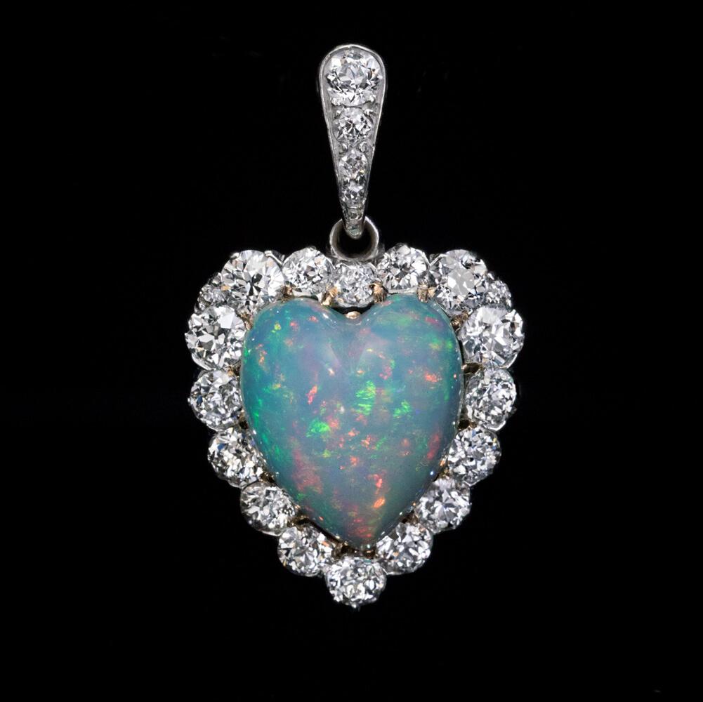 Belle Époque Antique Opal Diamond Heart Shaped Pendant