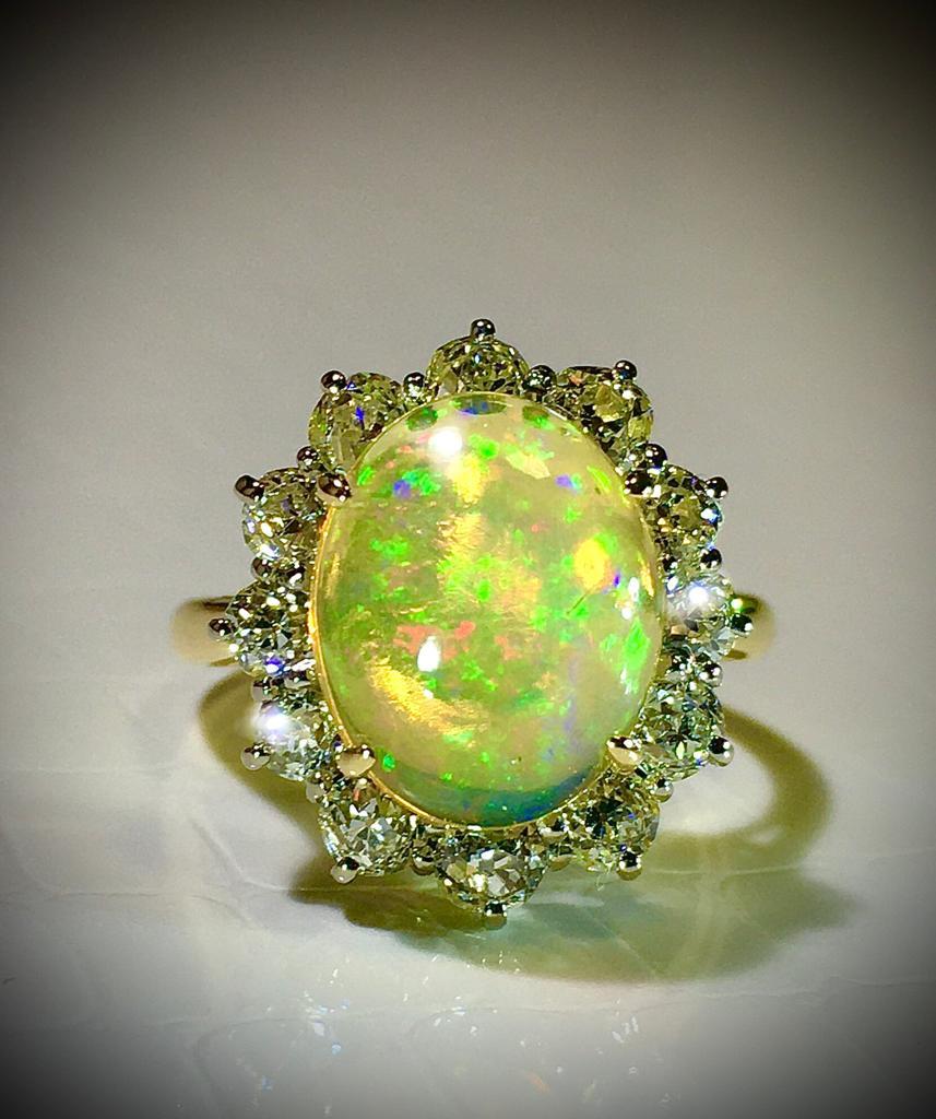 Edwardian Antique Opal Diamond Ring  Rose Cut Diamonds 18 k Yellow Gold