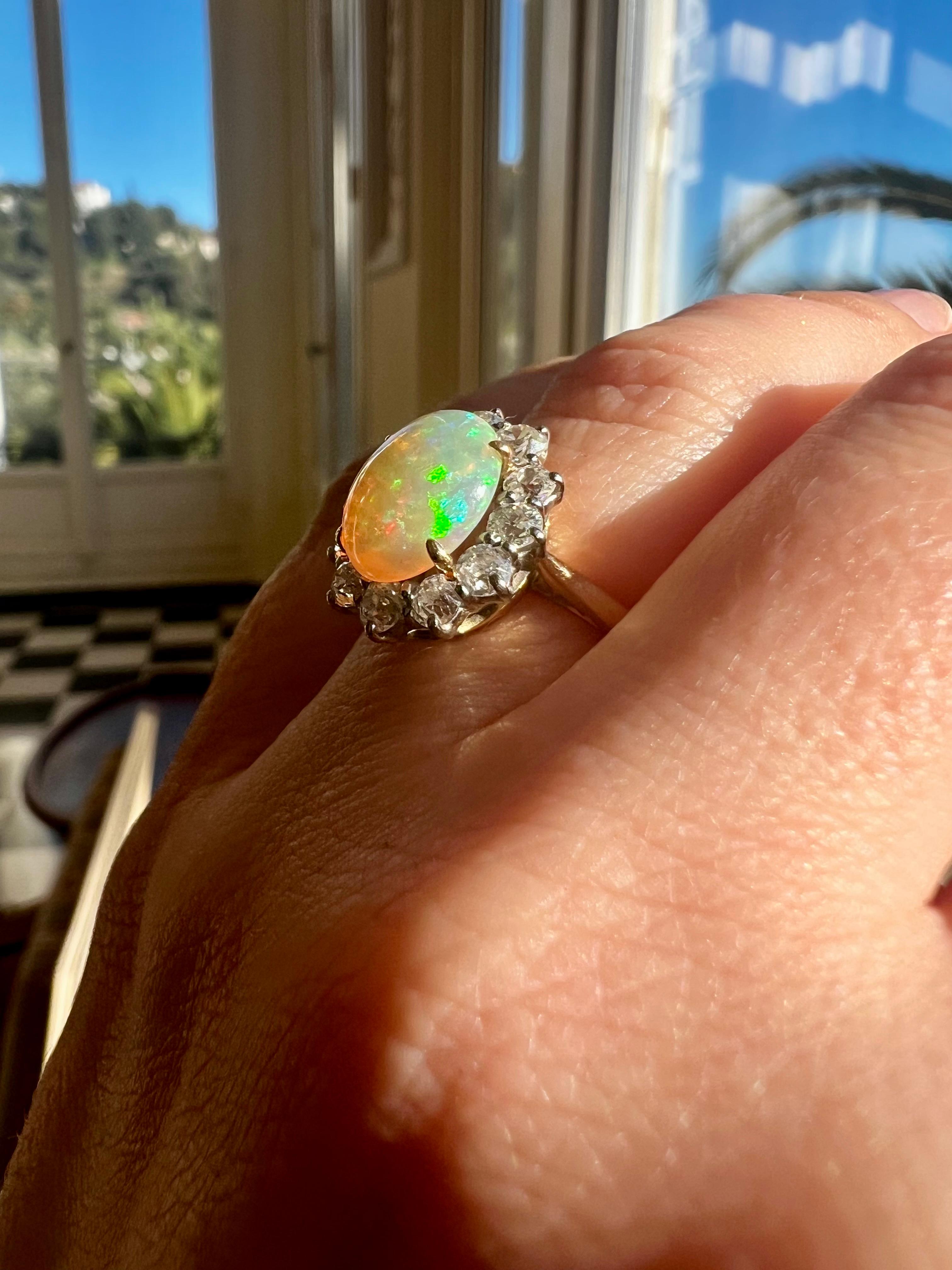Antique Opal Diamond Ring  Rose Cut Diamonds 18 k Yellow Gold In Good Condition In Mārupe, LV