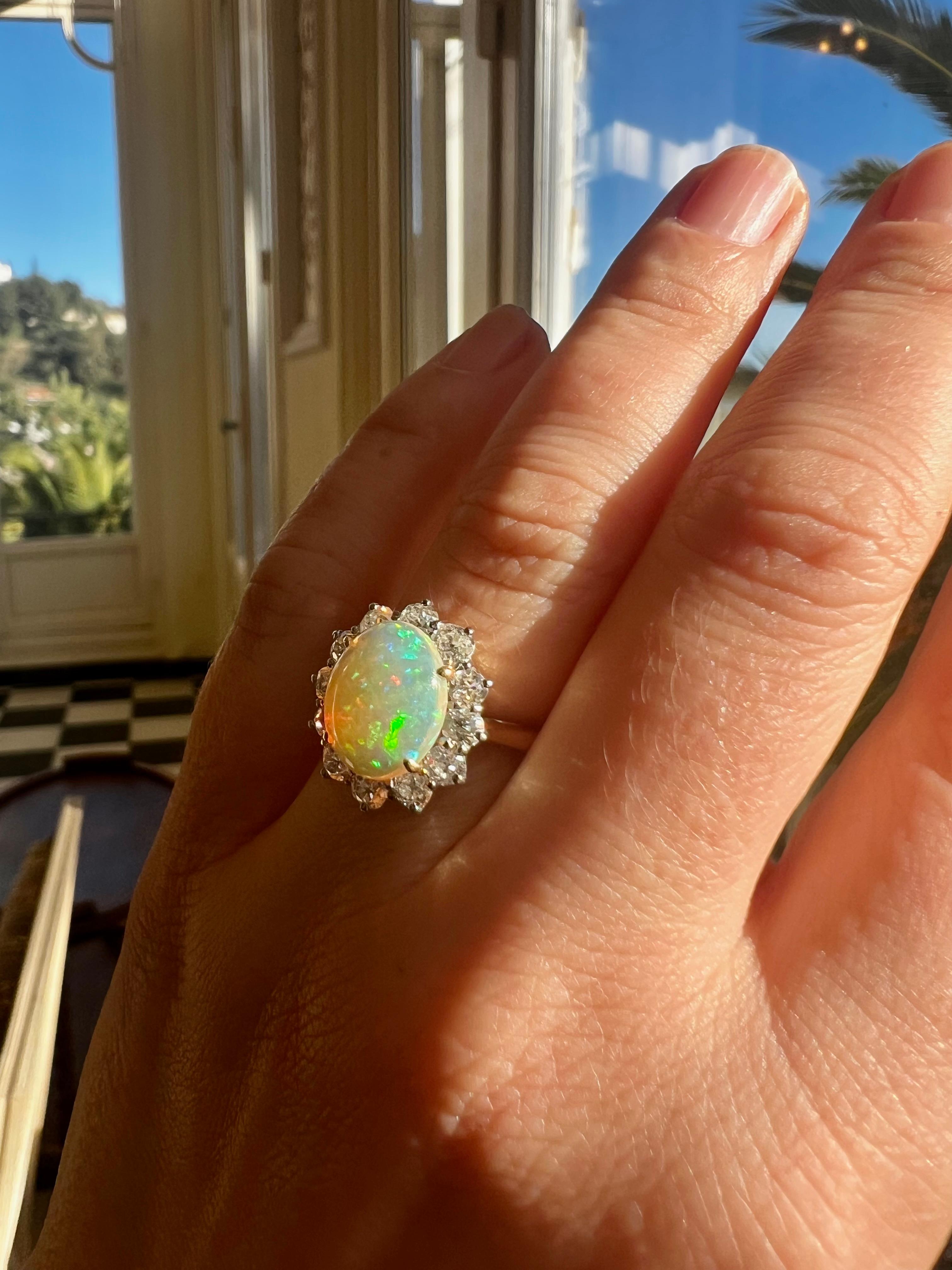Women's or Men's Antique Opal Diamond Ring  Rose Cut Diamonds 18 k Yellow Gold
