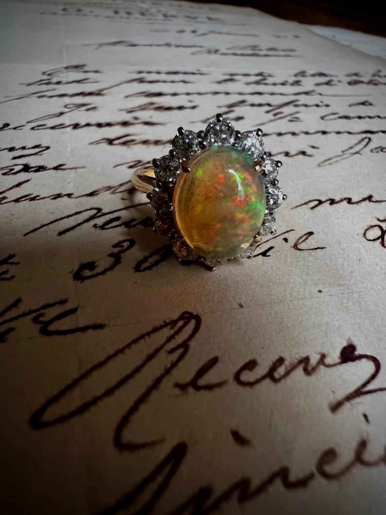 Antique Opal Diamond Ring  Rose Cut Diamonds 18 k Yellow Gold 1