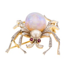 Antique Opal Diamond Ruby Pearl Gold Platinum Spider Brooch