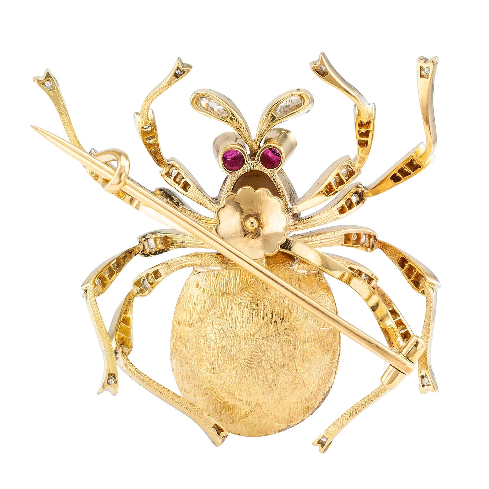 Victorian Antique Opal Diamond Ruby Pearl Gold Platinum Spider Brooch