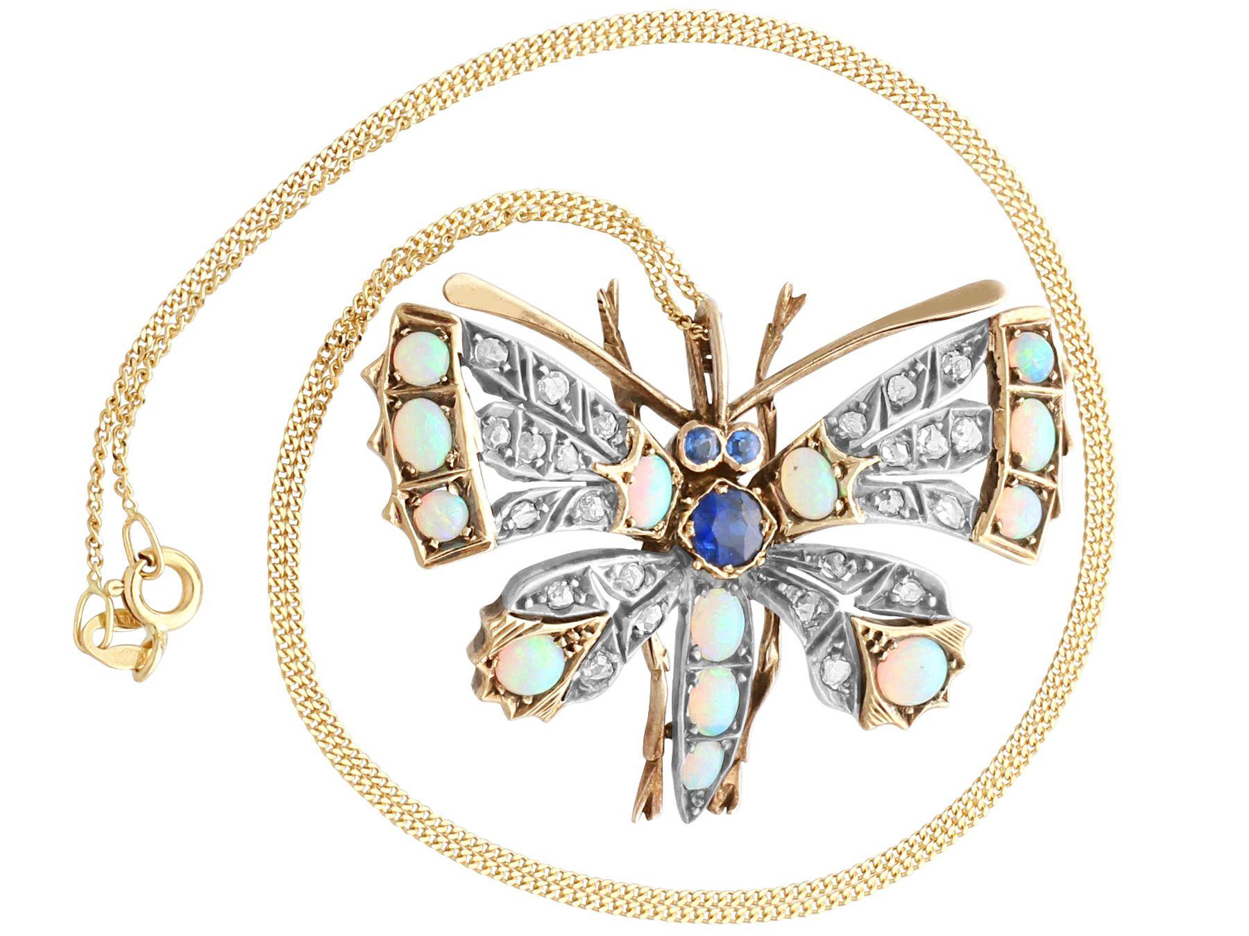 A stunning, fine and impressive antique 1.91 Carat opal, 0.88 Carat diamond and 0.54 Carat sapphire, silver set butterfly brooch; part of our antique jewelry and estate jewelry collections.

This stunning, fine and impressive antique pendant/brooch