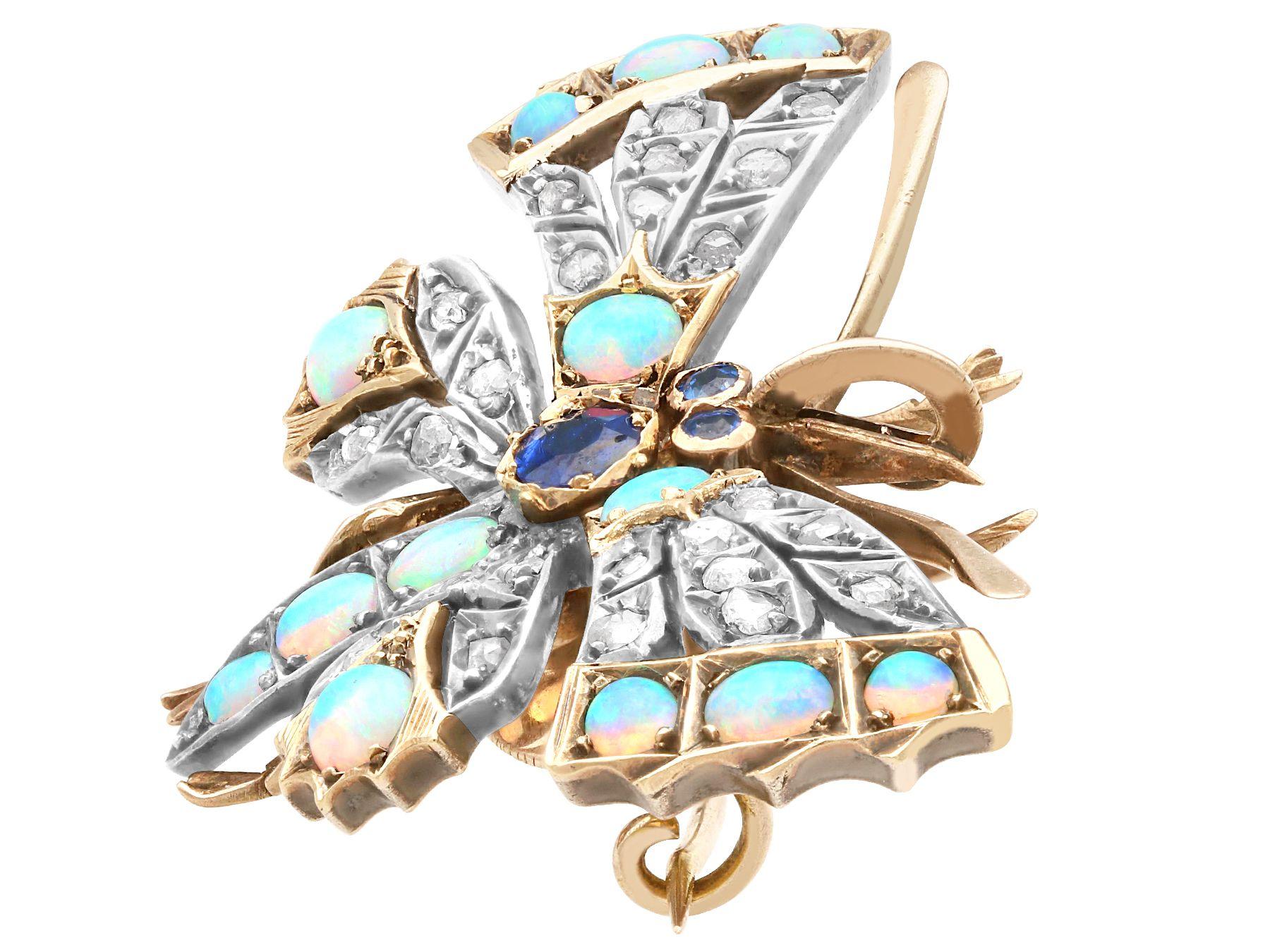 Cabochon Antique Opal Diamond Sapphire Silver Set Butterfly Pendant/Brooch Circa 1880 For Sale