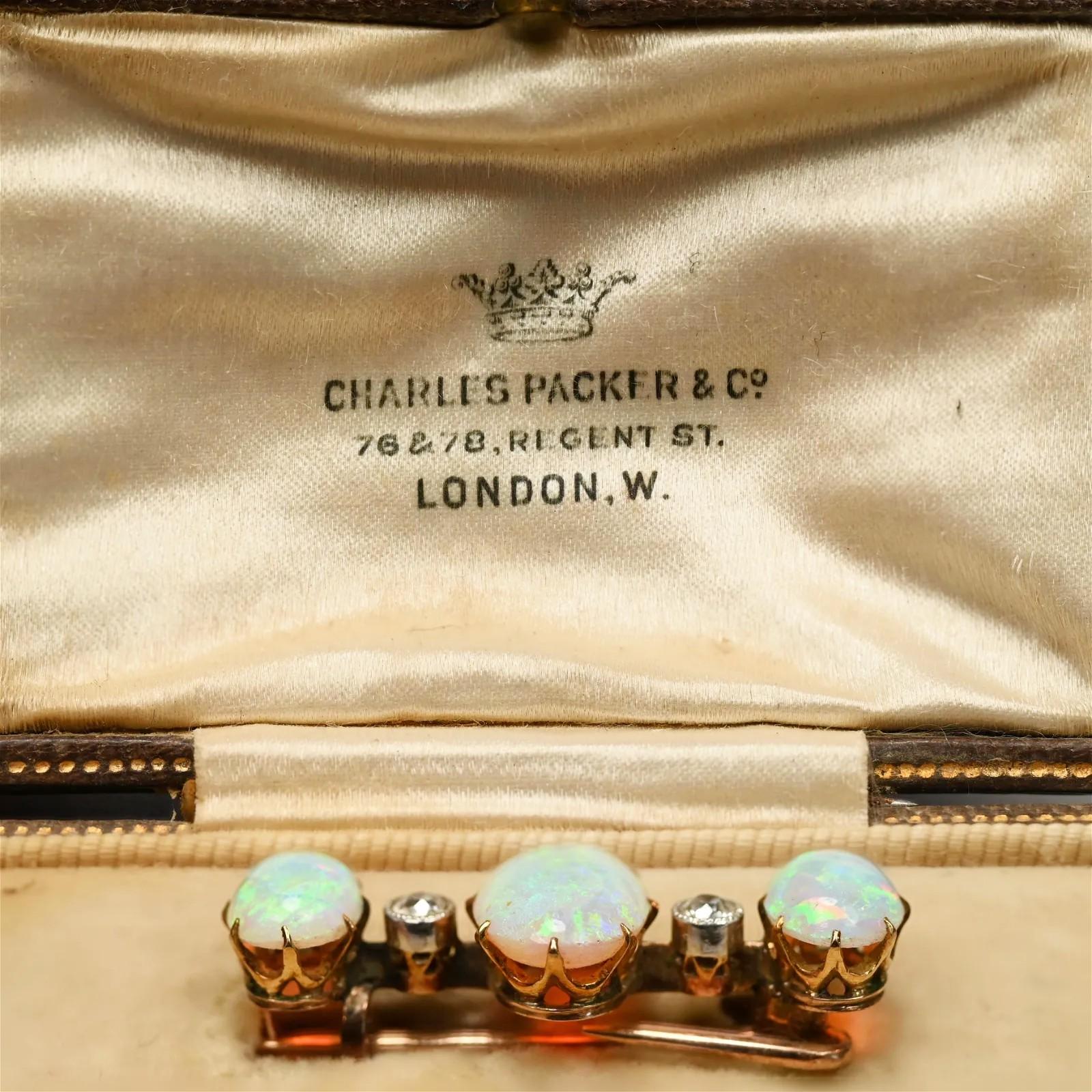 Charles Packer & Co Antike Anstecknadelbrosche mit Revers, Edwardian, Opal, Diamant, Gelbgold im Angebot 1