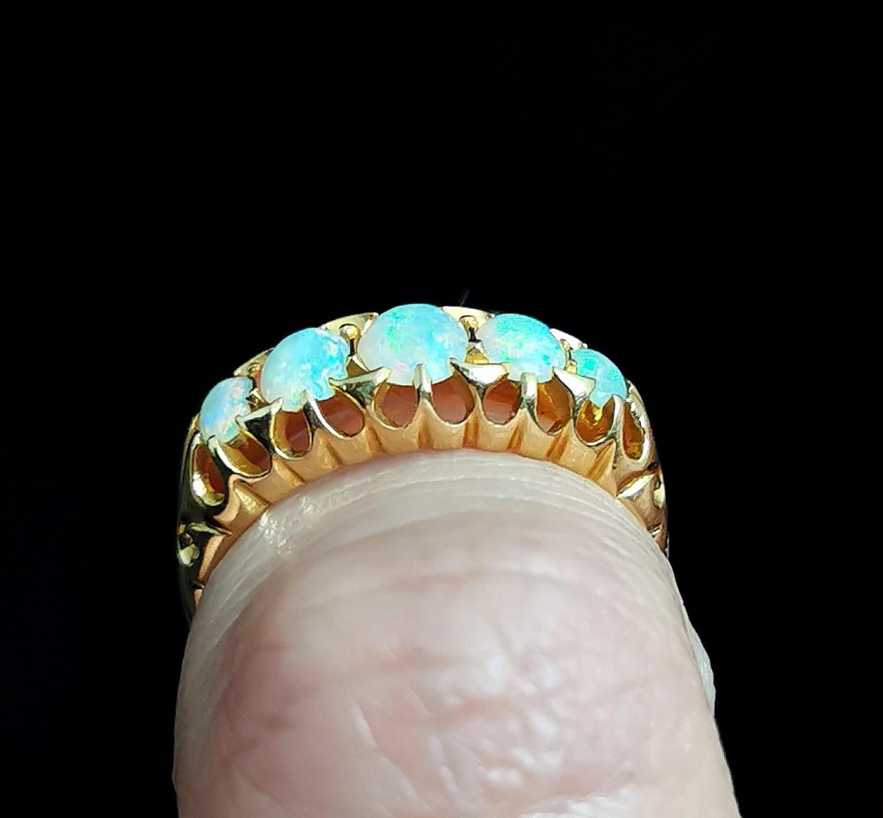 Antique Opal Five Stone Ring, 18 Karat Yellow Gold 3