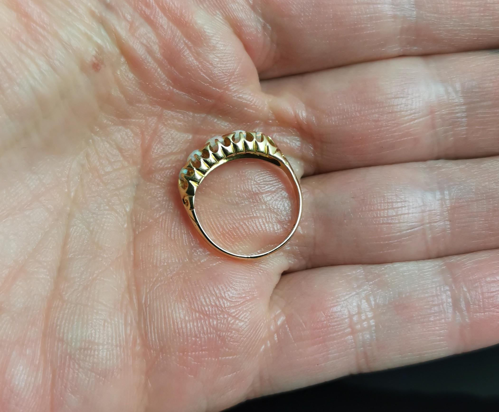 Antique Opal Five Stone Ring, 18 Karat Yellow Gold 6
