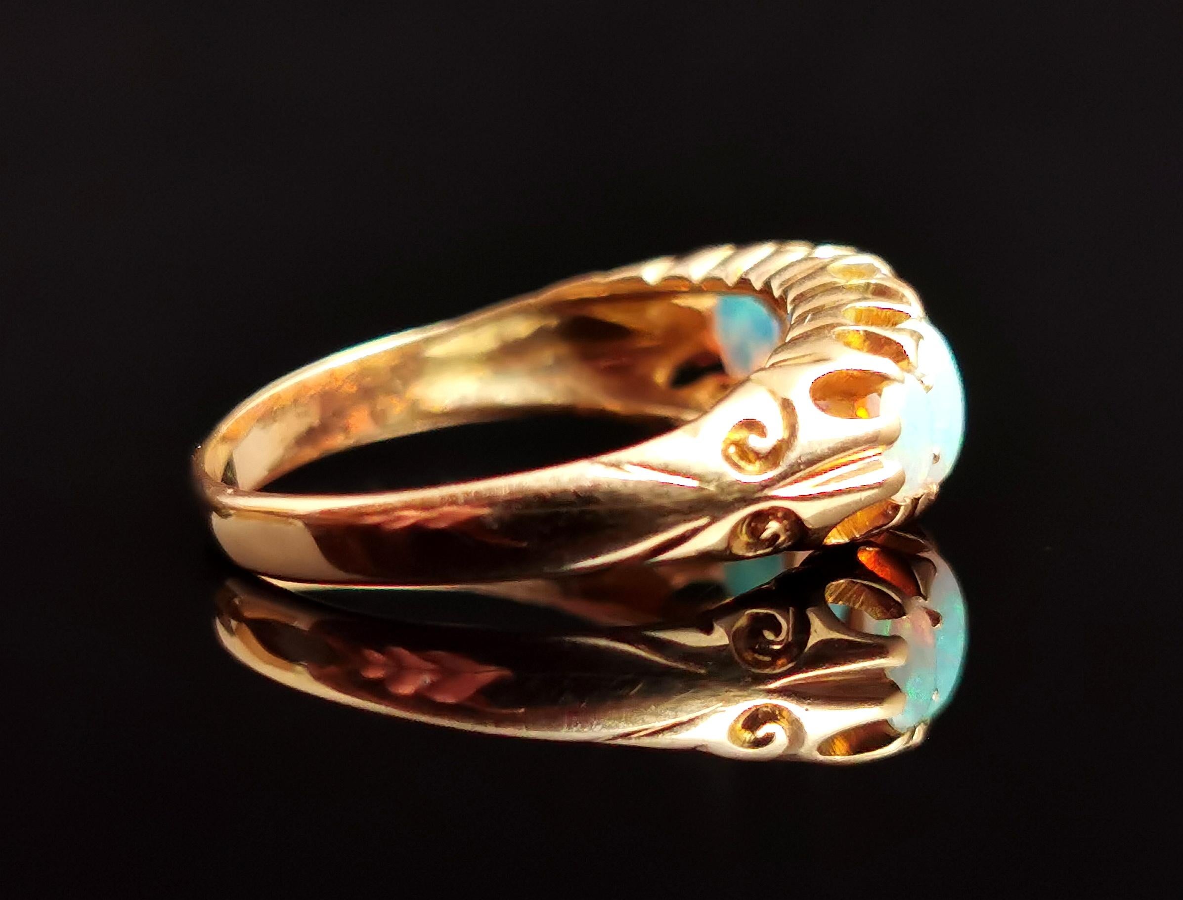 Cabochon Antique Opal Five Stone Ring, 18 Karat Yellow Gold