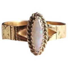 Antique Opal Navette Ring, 18k Yellow Gold, Engraved Band, Conversion 