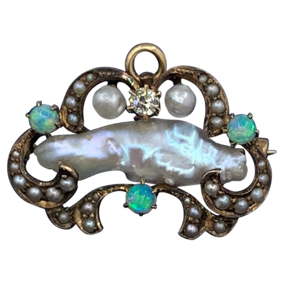 Broche pendentif victorienne ancienne en or, opale, diamant et perle naturelle, ancienne mine