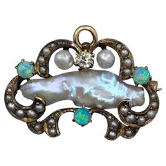 Antiguo Ópalo Antiguo Mina Diamante Perla Natural Colgante Broche Oro Victoriano