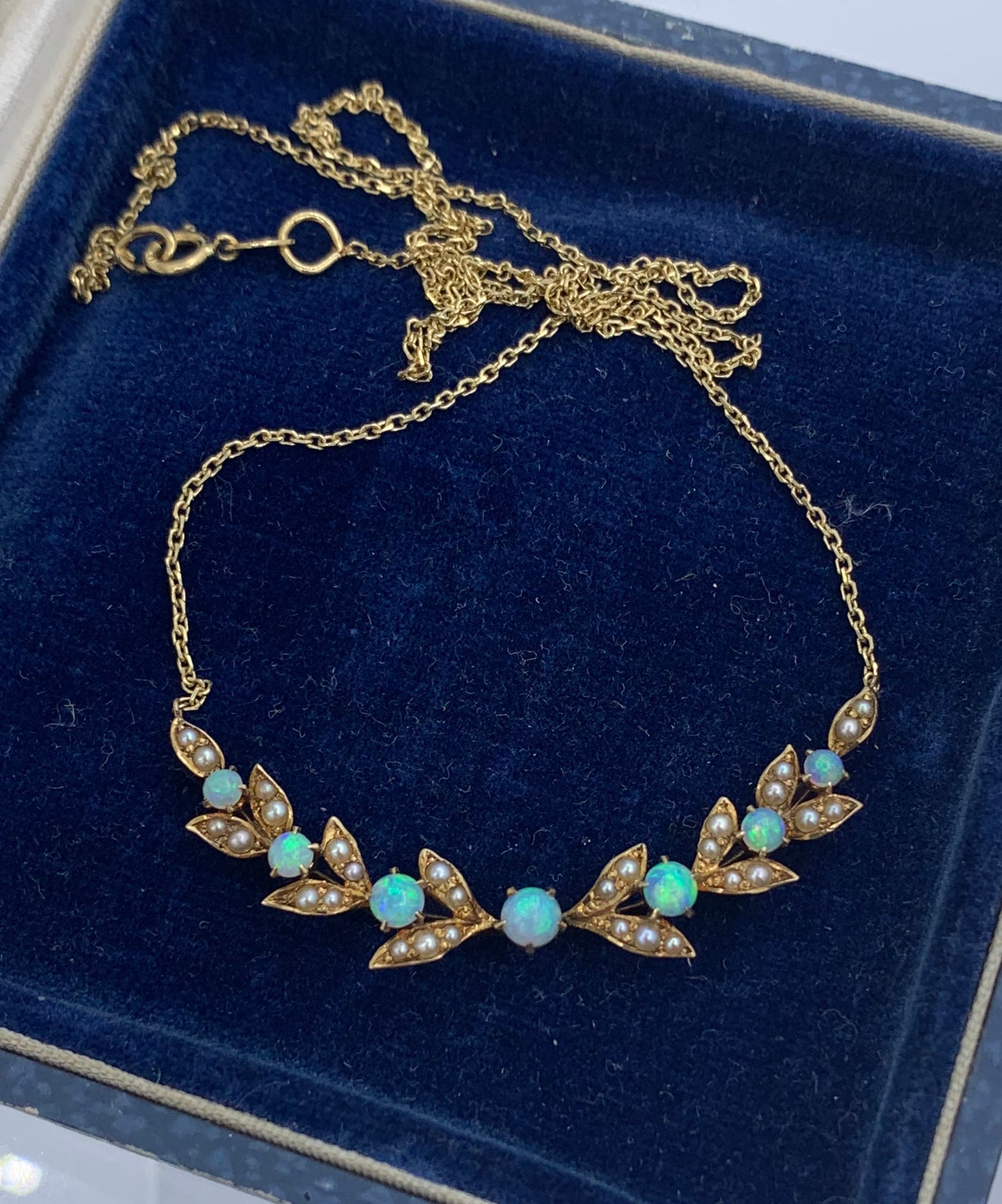 Cabochon Antique Opal Pearl Flower Garland Necklace 14 Karat Gold Victorian Edwardian