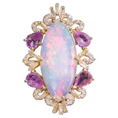 Antique Opal Ring Pink Sapphires and Diamonds 18K Yellow Gold Plated Silver