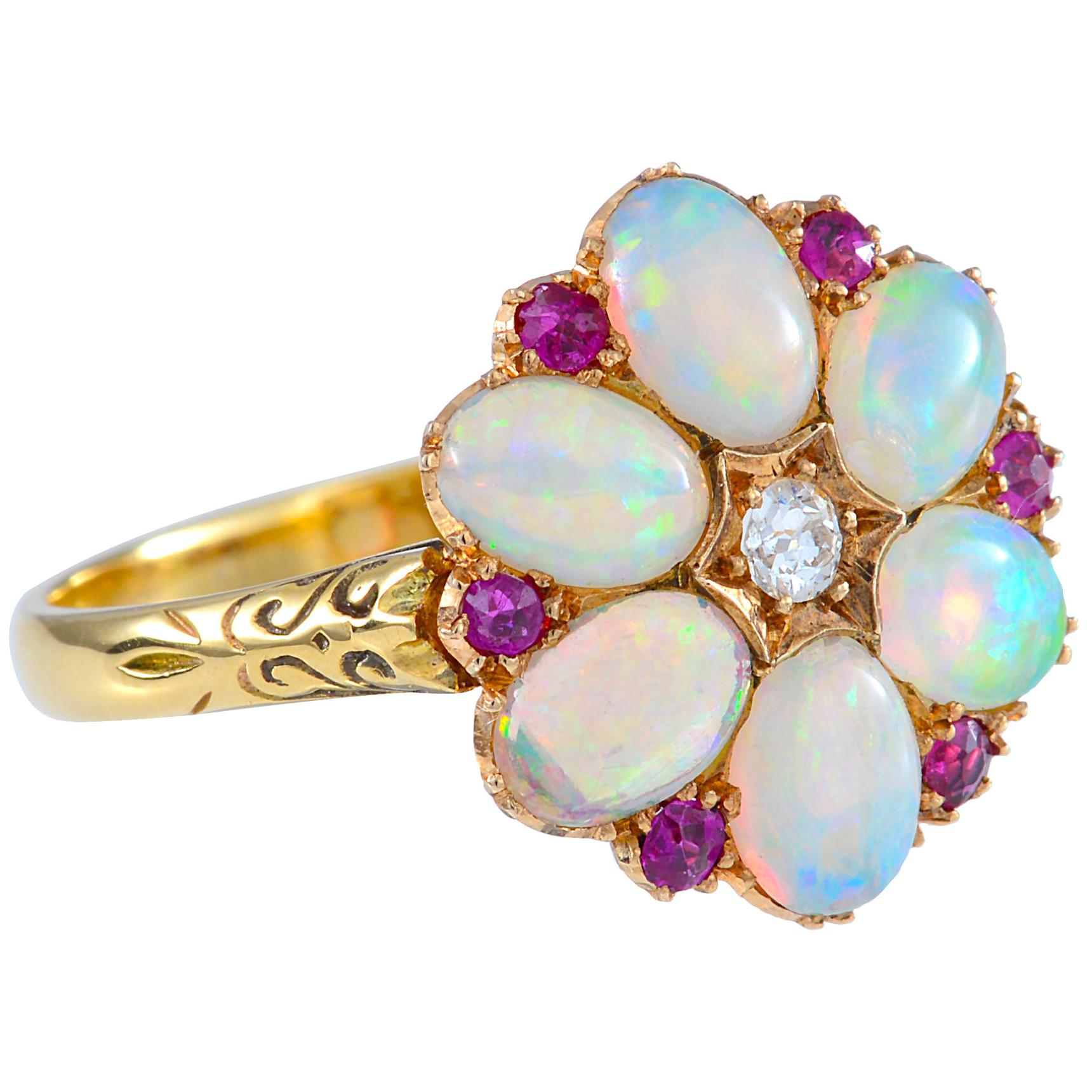 Antique Opal, Ruby and Diamond Cluster Ring For Sale