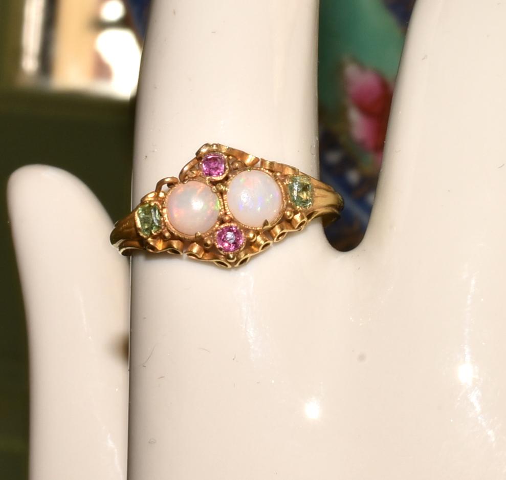 Victorian Antique Opal Ruby and Peridot 15 Karat Gold Ring
