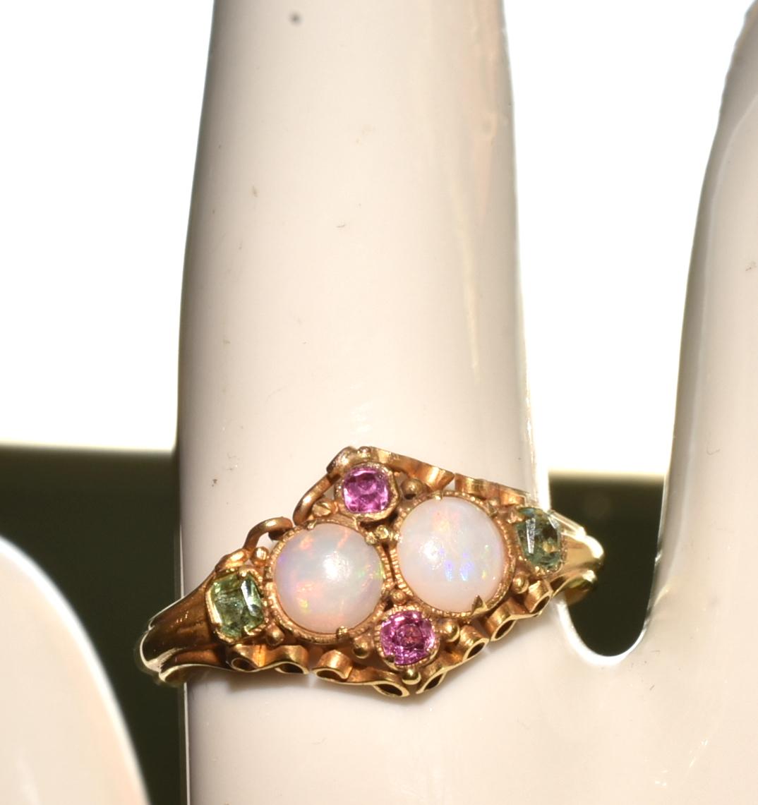 Antique Opal Ruby and Peridot 15 Karat Gold Ring 6