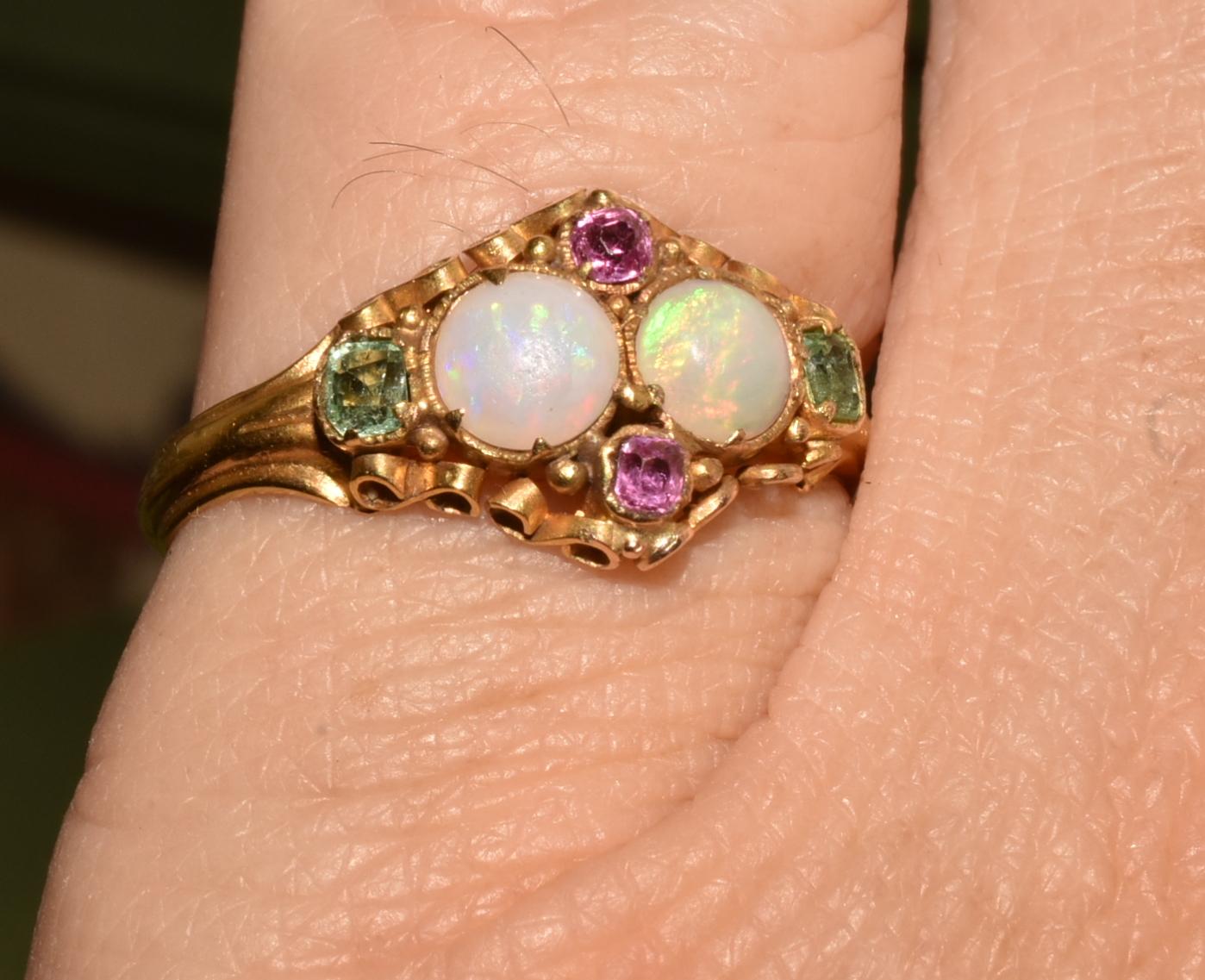 Antique Opal Ruby and Peridot 15 Karat Gold Ring 8